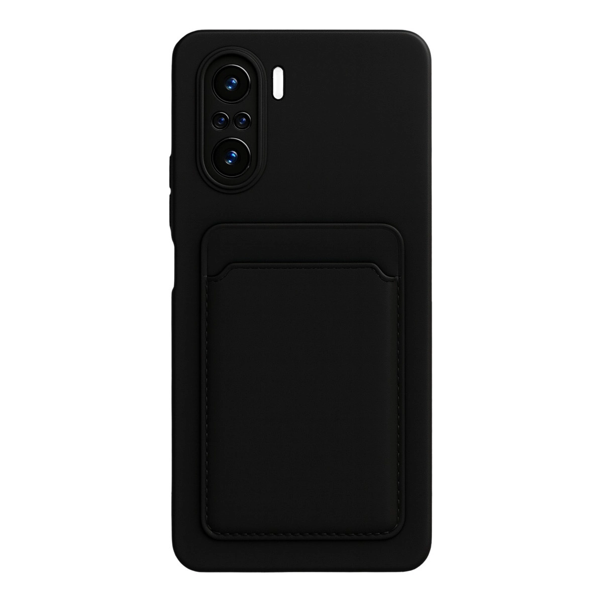 Arkada kartlık cebi ve dikey kamera modülü bulunan siyah akıllı telefon kılıfı.