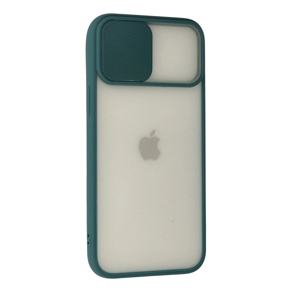 Sürgülü kamera kapaklı ve Apple logolu buzlu yarı şeffaf arka yüzeye sahip koyu yeşil telefon kılıfı.