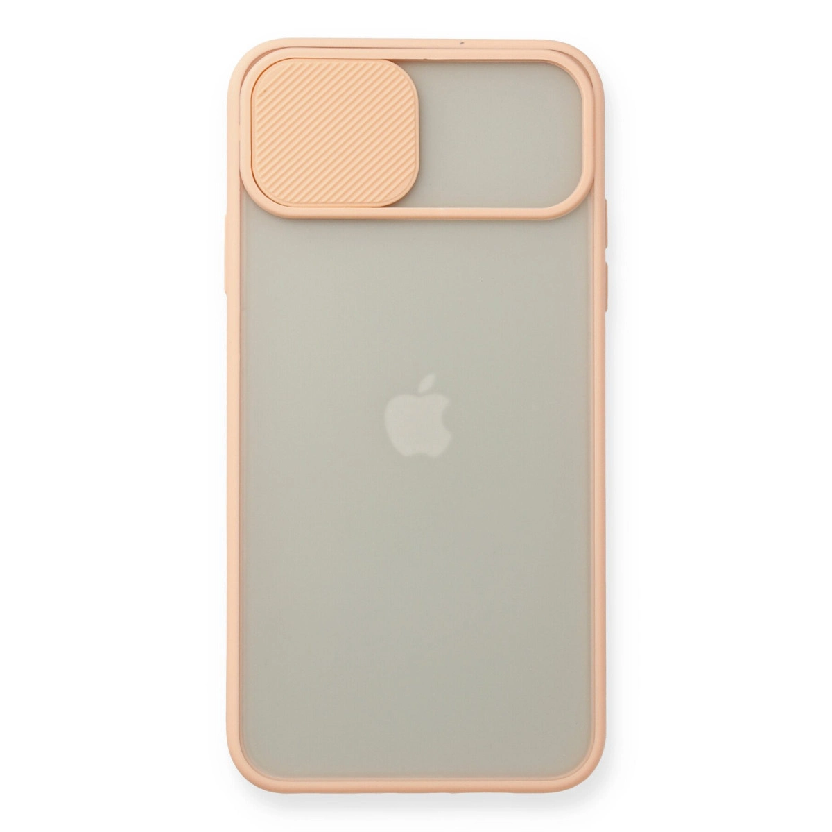 Sürgülü kamera kapaklı ve Apple logolu mat arka yüzeye sahip pastel turuncu telefon kılıfı.