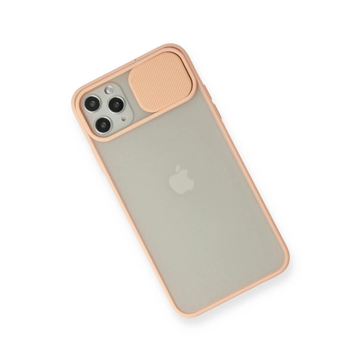Beyaz bir zemin üzerinde pembe koruyucu kılıfı ve kamera sürgüsü olan bir iPhone.