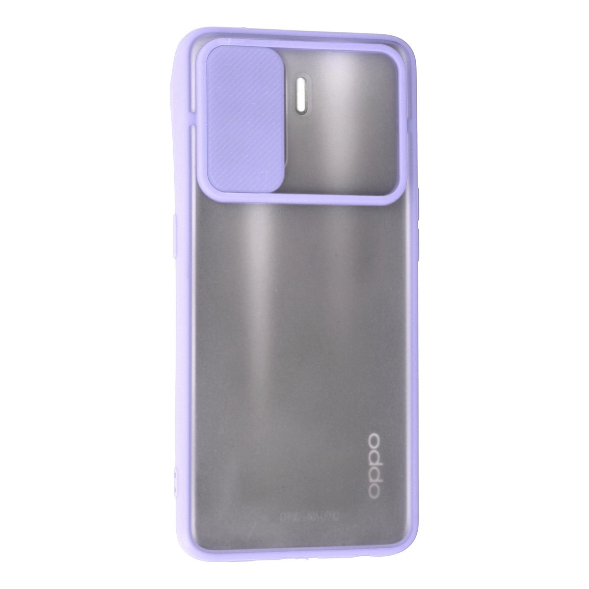 Sürgülü kamera kapaklı ve Oppo logolu mor telefon kılıfı.