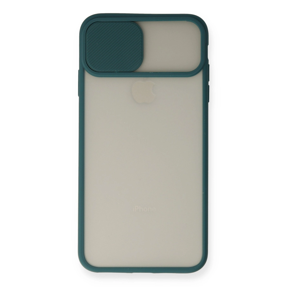Buzlu arka yüzeye ve kayar kamera kapağına sahip koyu yeşil iPhone kılıfı.