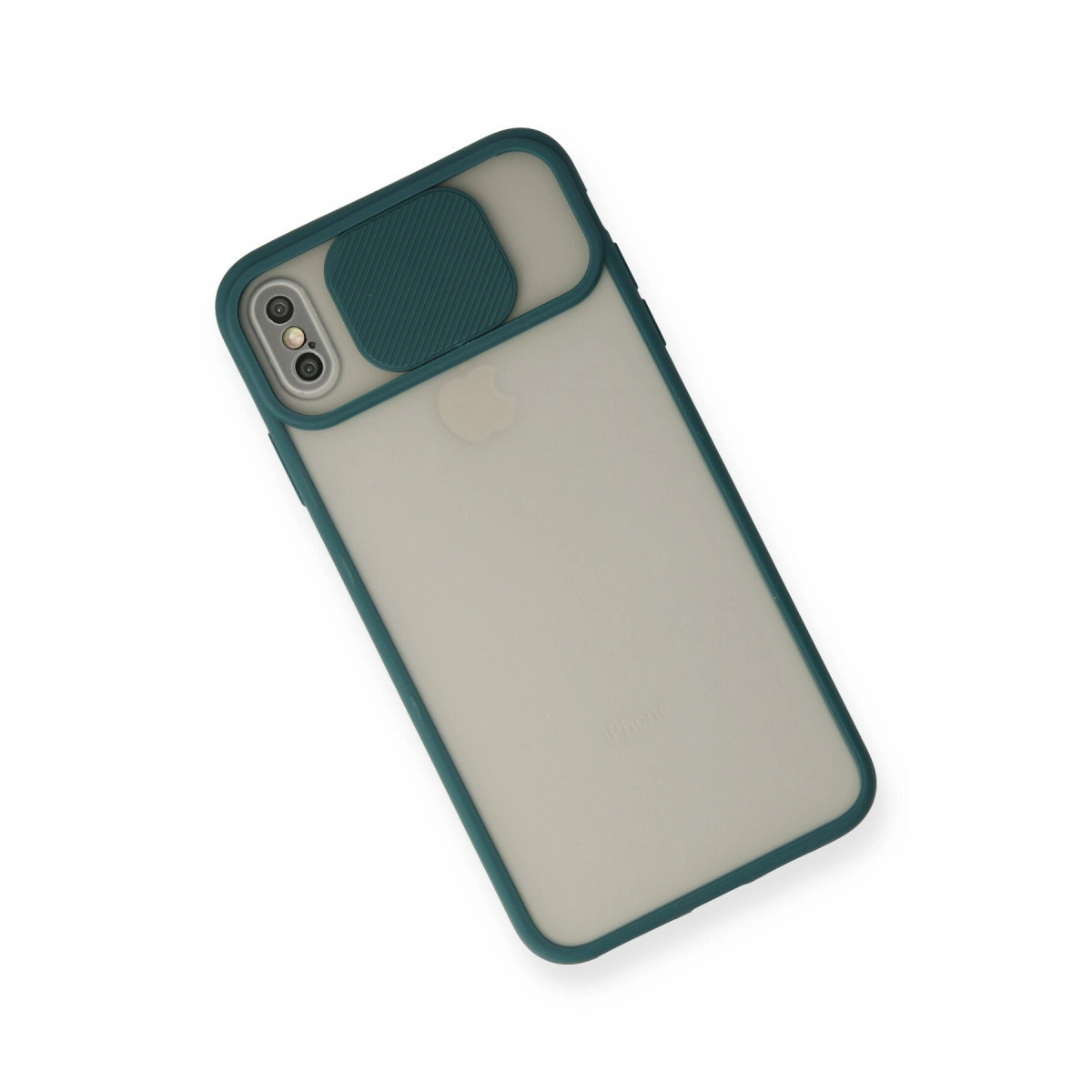 Mat, yarı şeffaf koyu yeşil koruyucu kılıfa ve kayar kamera kapağına sahip bir iPhone.