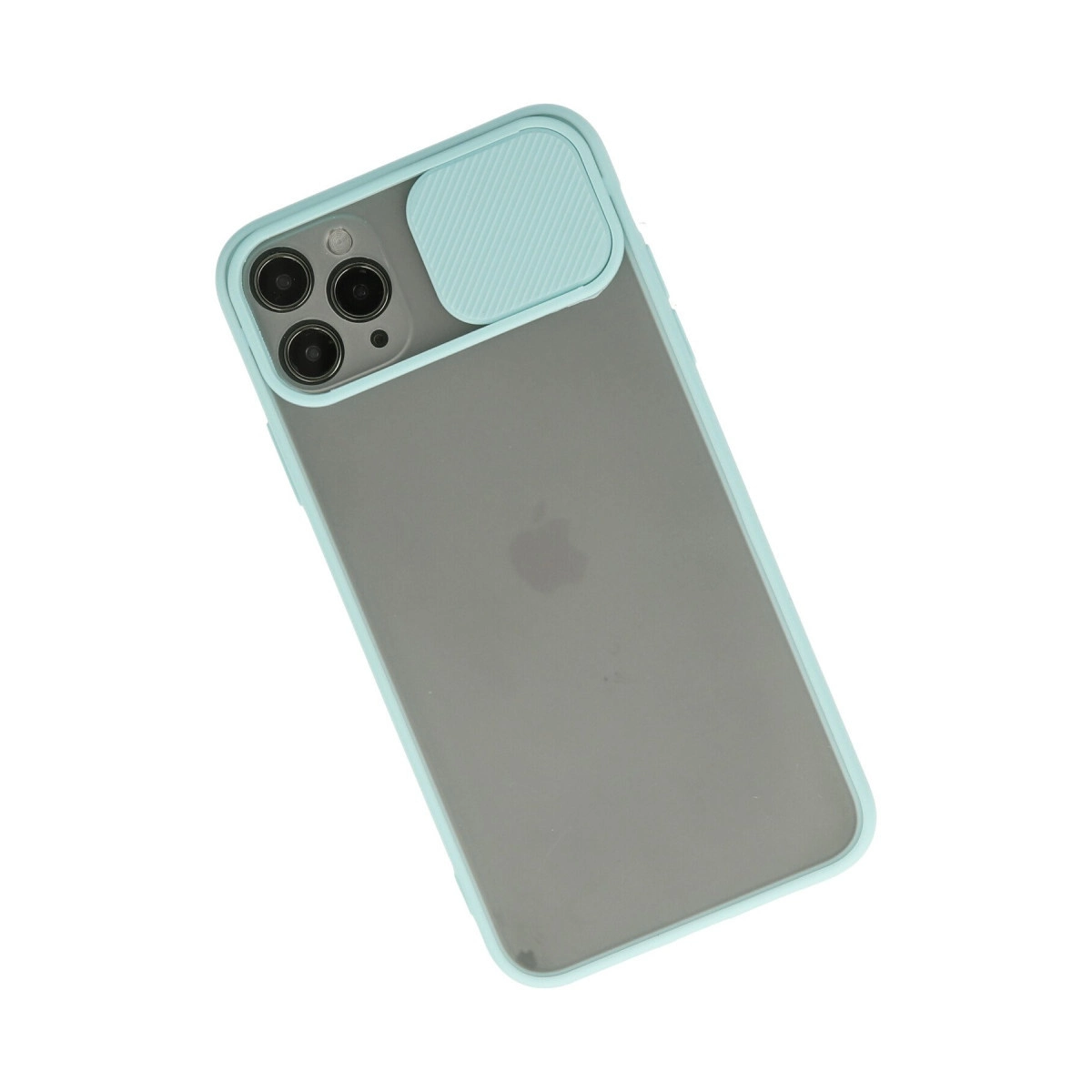Arkasında kayar kamera kapağı bulunan açık mavi koruyucu kılıf içindeki gri bir iPhone.