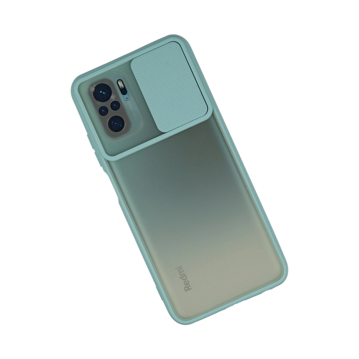 Beyaz arka planda kamera koruma kılıflı nane yeşili bir Redmi akıllı telefon.