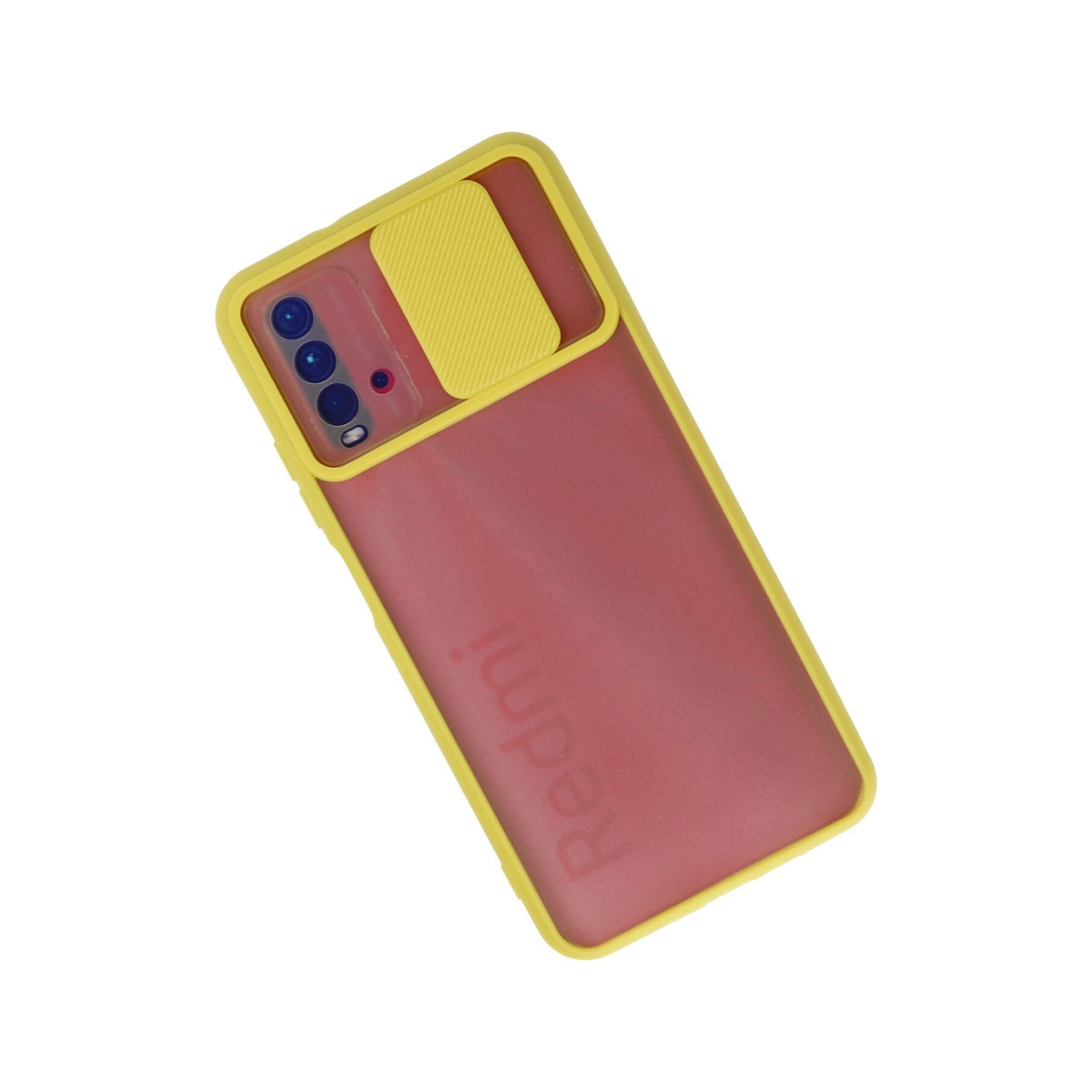 Beyaz arka planda sarı kenarlı ve sürgülü kamera kapaklı kırmızı Redmi telefon kılıfı.