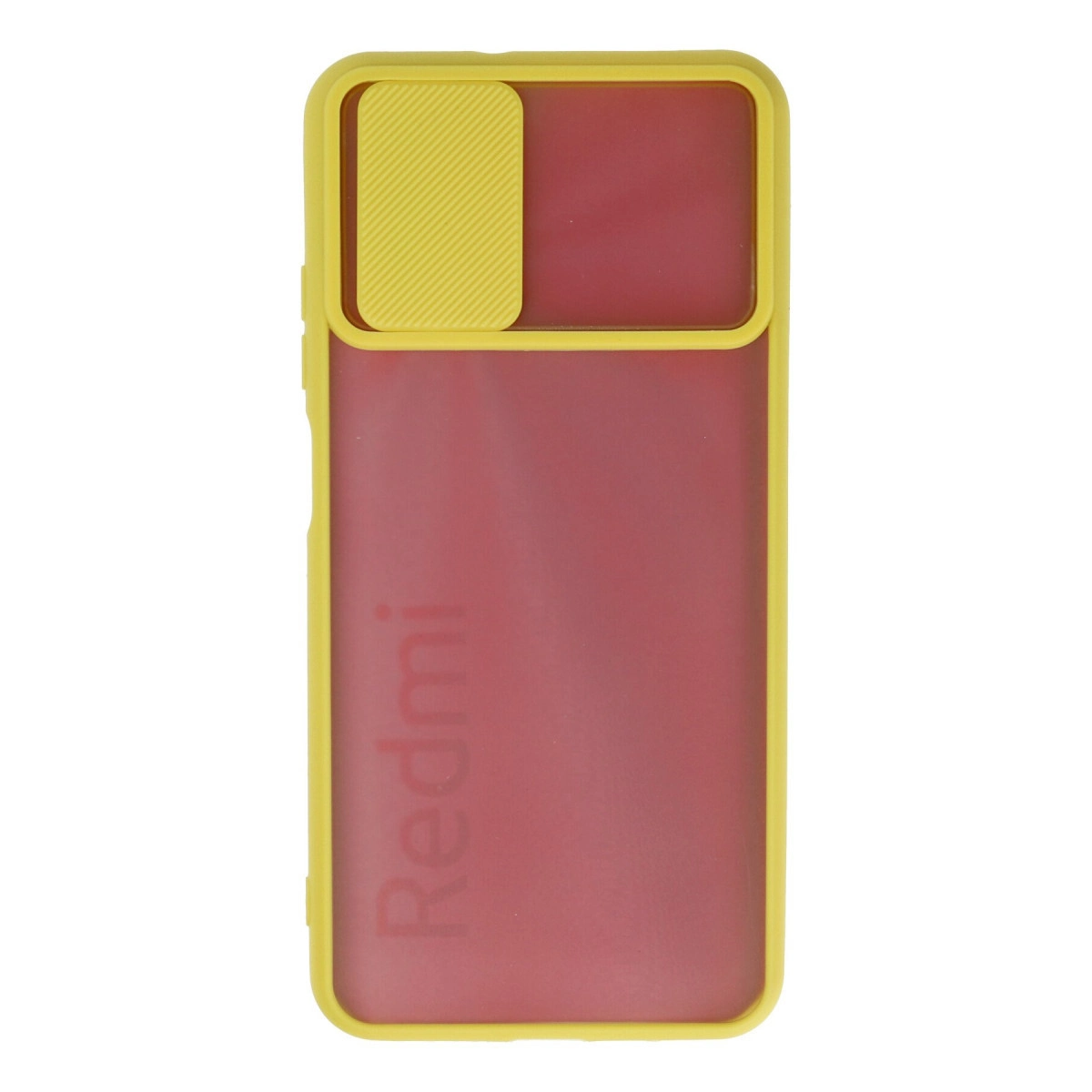 Sarı kenarlı ve kamera sürgülü kırmızı Redmi telefon kılıfı.