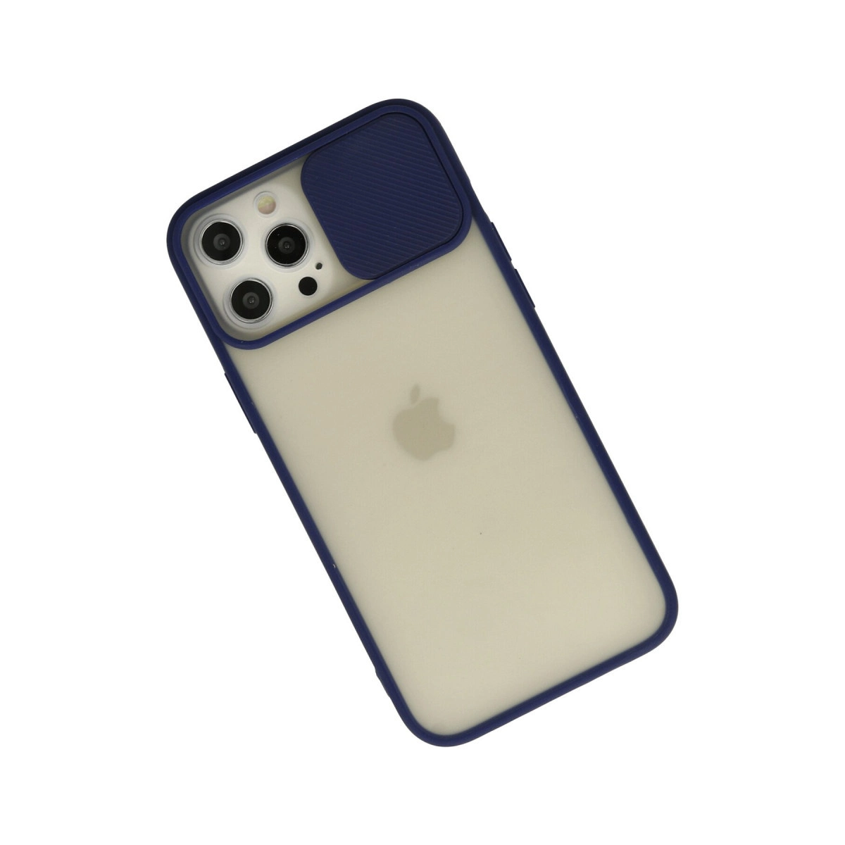 Beyaz arka planda mavi koruyucu kılıfı ve kapalı kamera kapağı olan bir iPhone.
