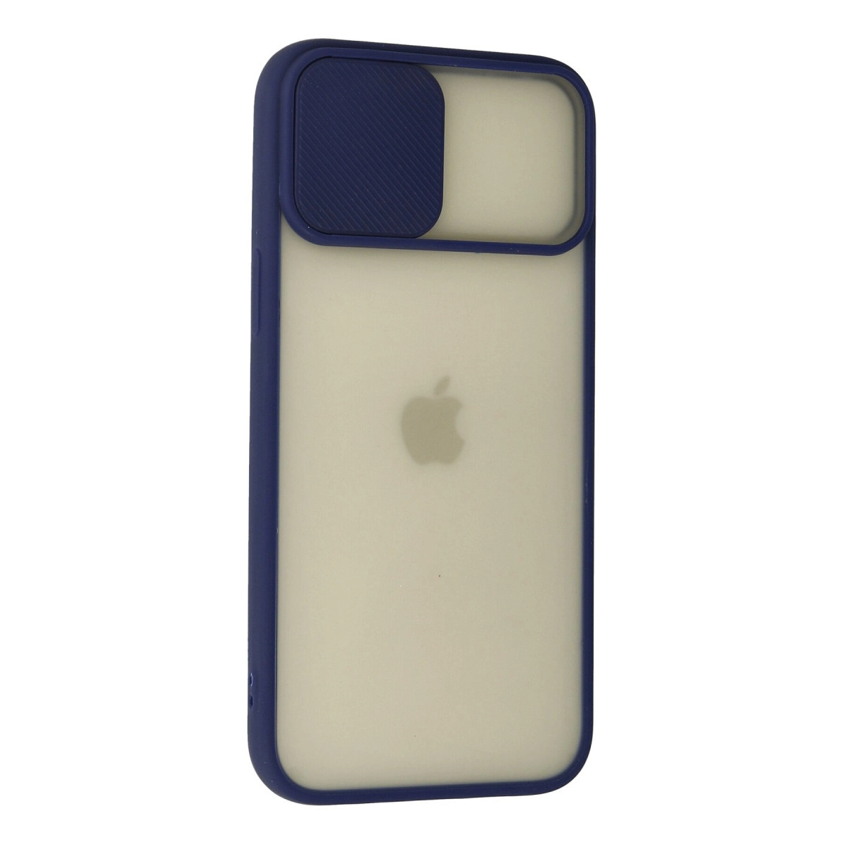 Buzlu arka yüzeye ve kayar kamera kapağına sahip mavi iPhone kılıfı.