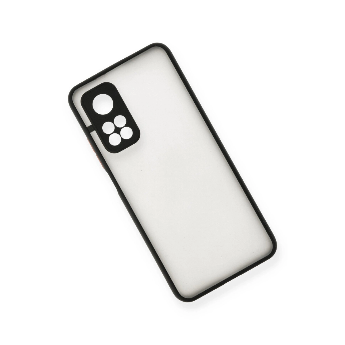 Beyaz arka planda siyah kenarlı ve kamera delikli mat, yarı saydam akıllı telefon kılıfı.