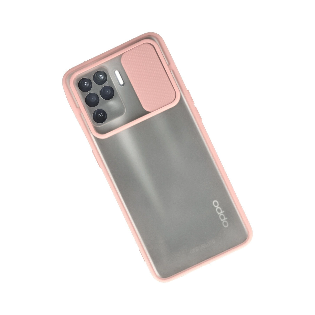 Yarı saydam arka yüzeye ve kayar kamera kapağına sahip pembe kılıflı bir akıllı telefon.