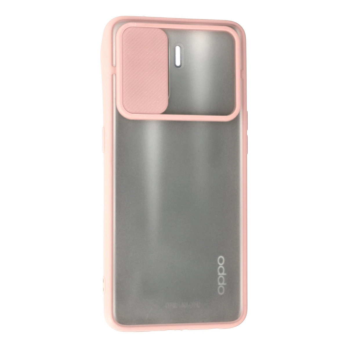 Beyaz arka plan üzerinde şeffaf arka yüzeye ve kaydırılabilir kamera kapağına sahip pembe telefon kılıfı.