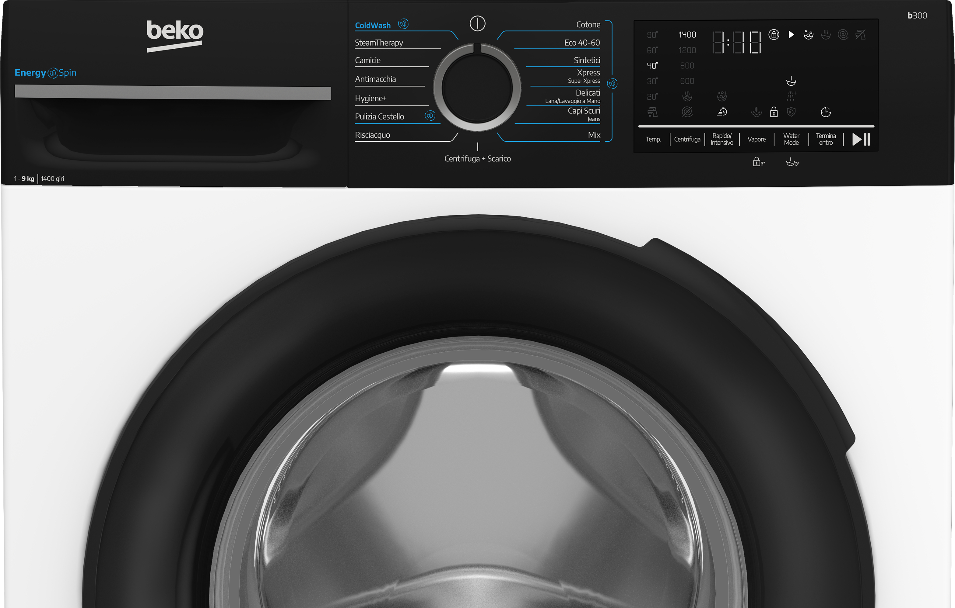 Vista frontale di una moderna lavatrice Beko con display digitale e manopola.