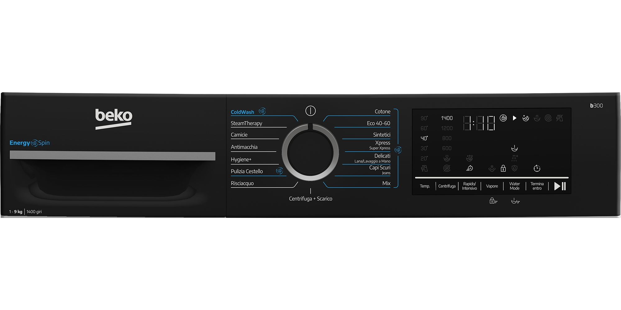 Pannello di controllo lavatrice Beko con manopola centrale, elenco programmi e display digitale nero.