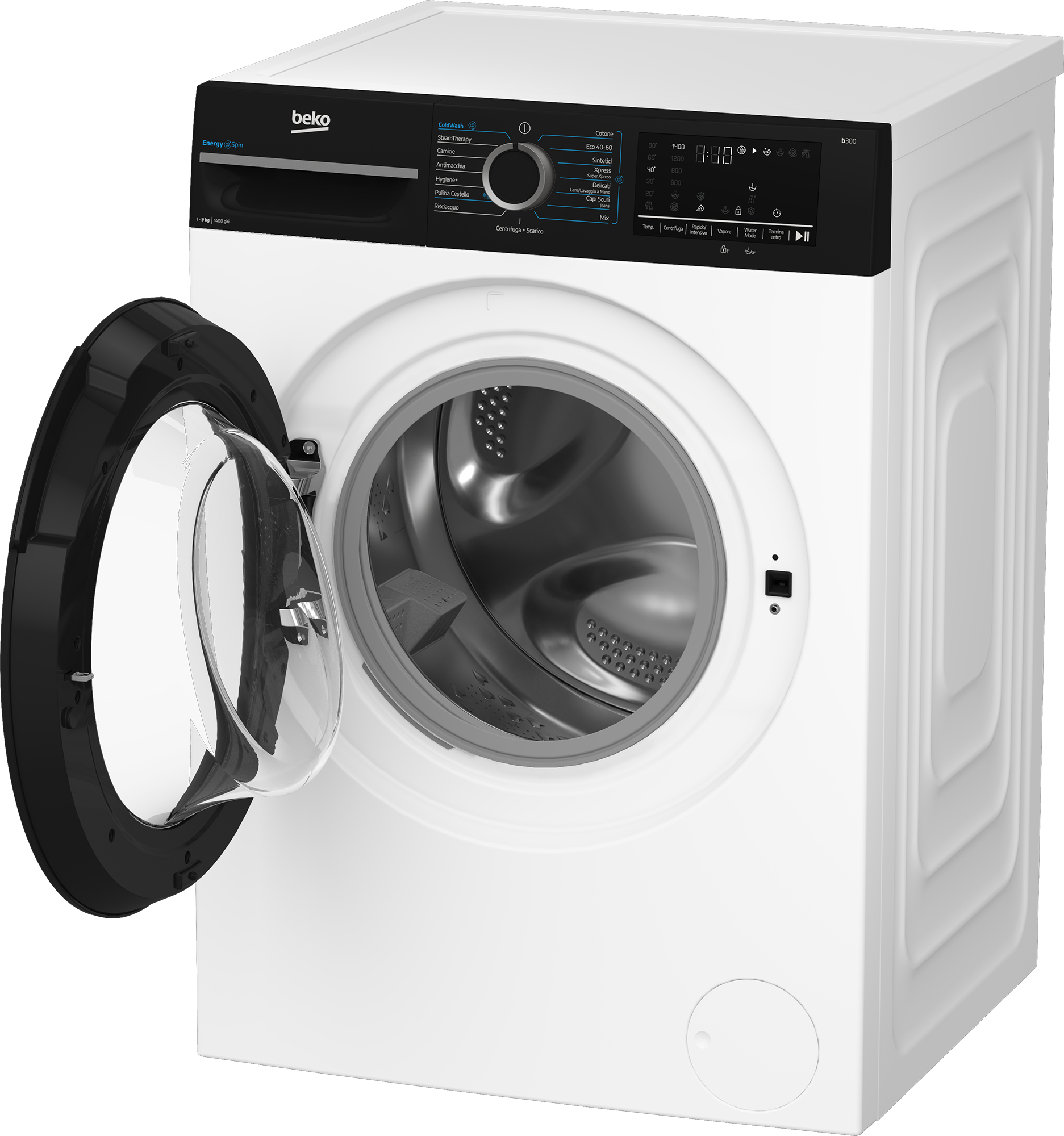 Una lavatrice bianca Beko con sportello in vetro nero aperto su sfondo bianco.
