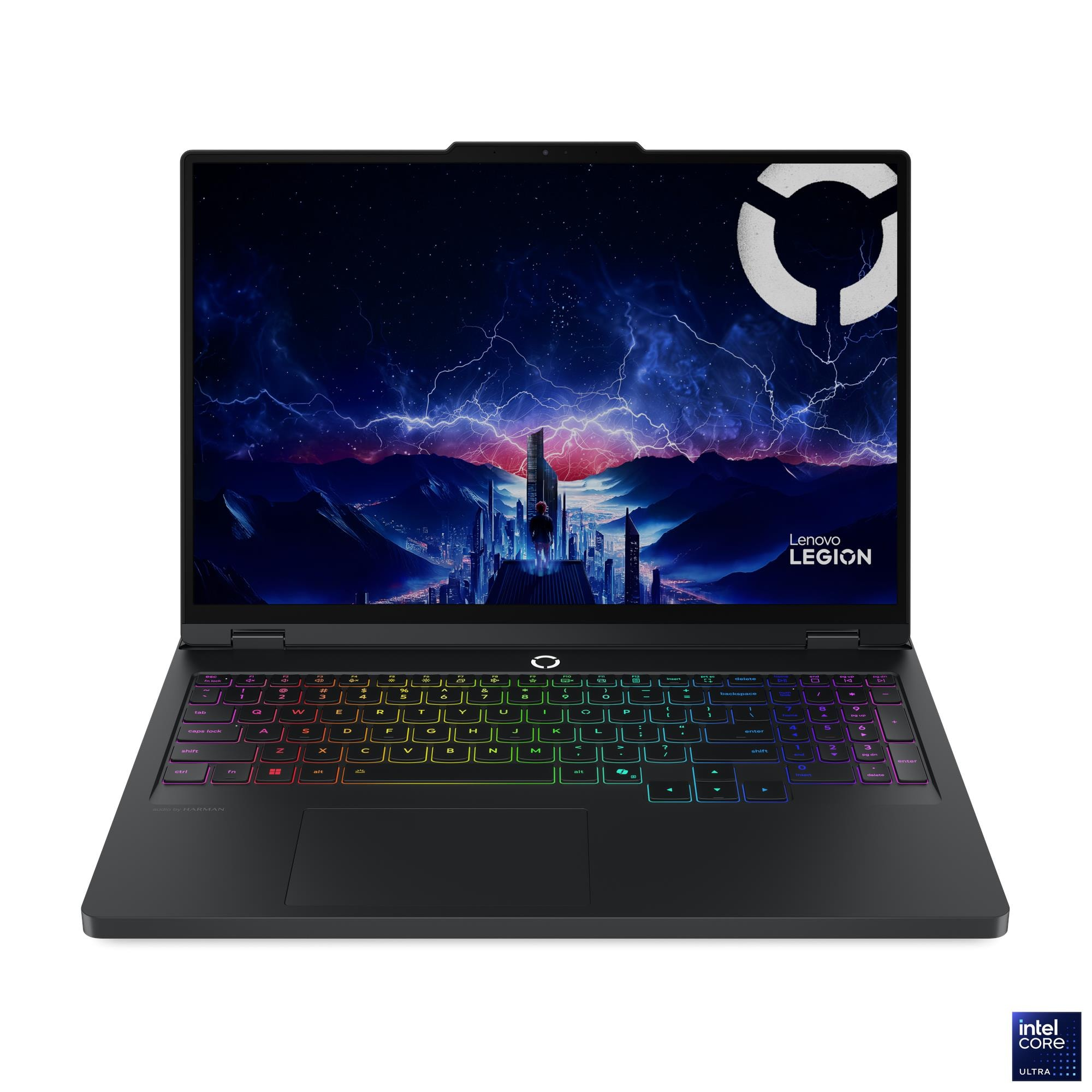 Fütüristik şehir duvar kağıdı ve ışıklı klavyesi olan siyah bir Lenovo Legion oyuncu dizüstü bilgisayarı.