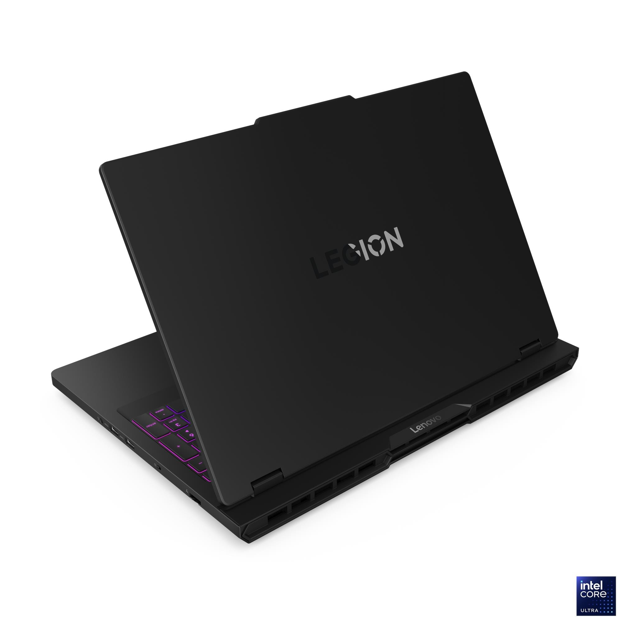 Arkada logosu ve arkadan aydınlatmalı klavyesi olan siyah Lenovo Legion dizüstü bilgisayar.