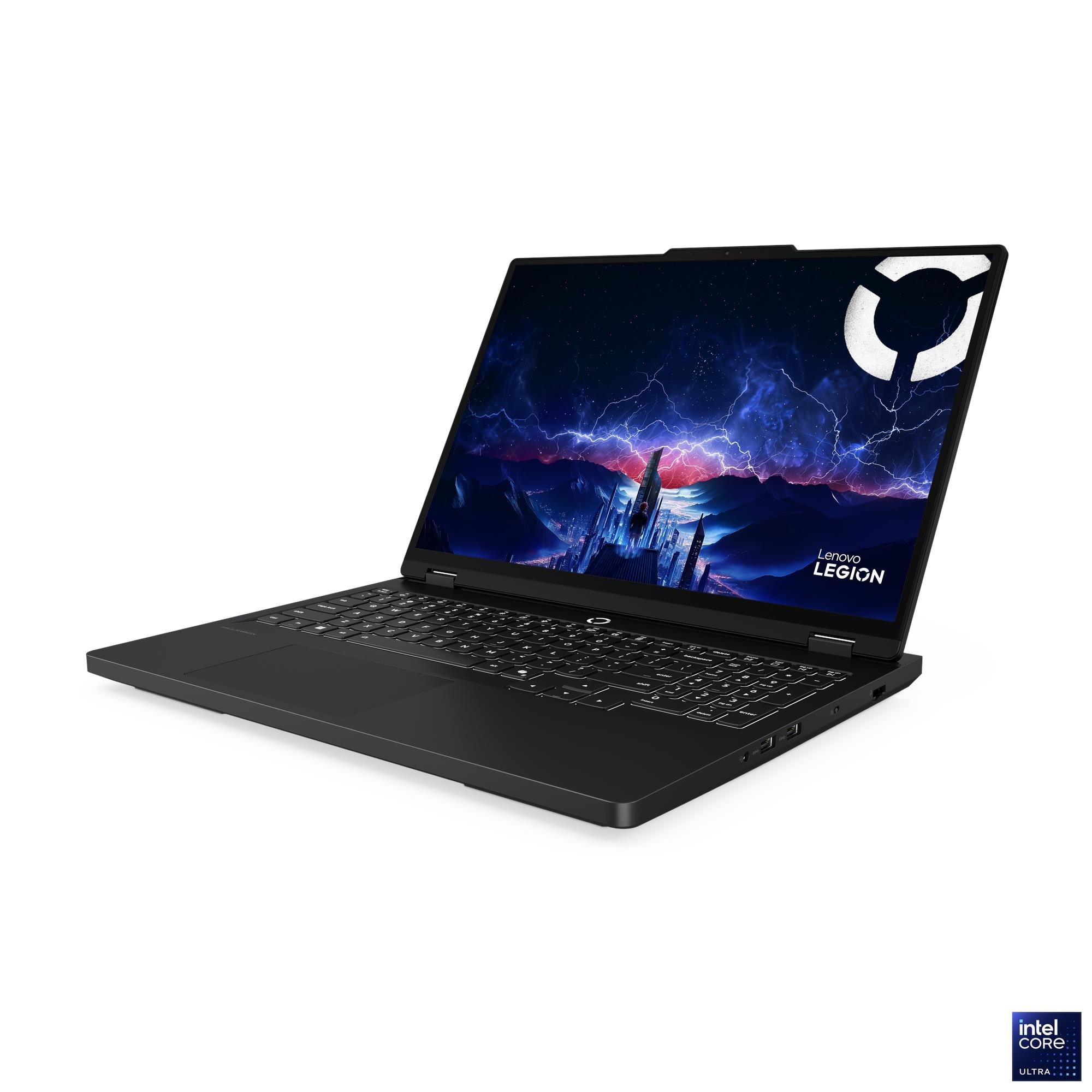 Beyaz bir yüzeyde açık siyah Lenovo Legion dizüstü bilgisayar, mavi yıldırım duvar kağıdı ve aydınlatmalı klavye.