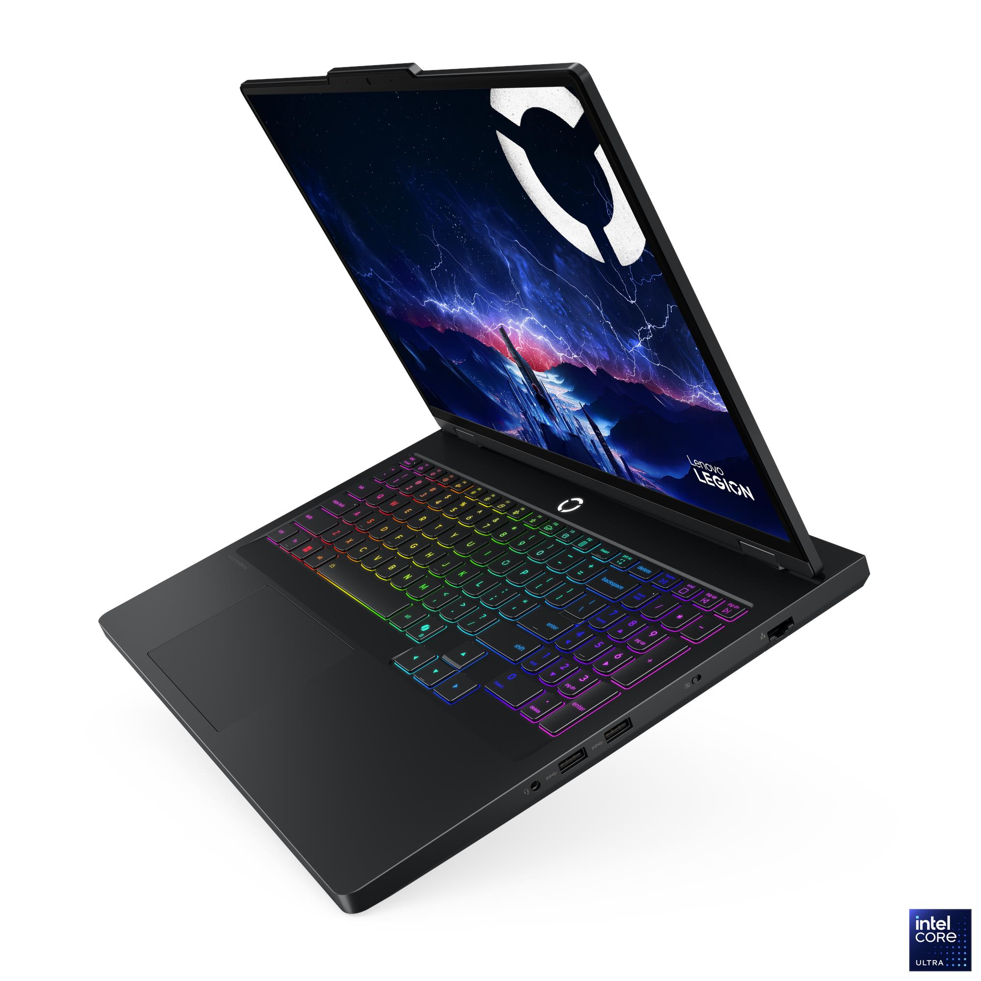RGB aydınlatmalı klavyeye ve renkli bir ekran arka planına sahip siyah bir Lenovo Legion dizüstü bilgisayar.