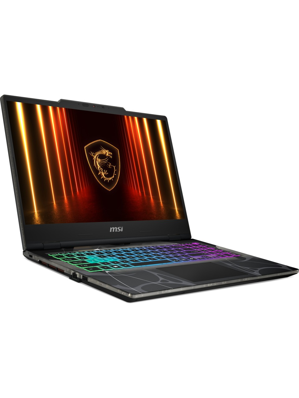 Canlı RGB klavye aydınlatmasına ve soyut ekran arka planına sahip açık bir MSI oyun dizüstü bilgisayarı.