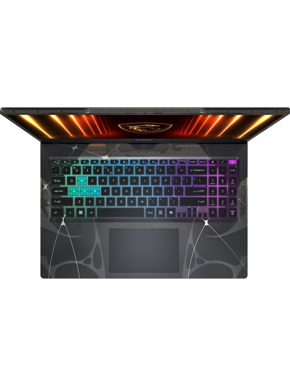 RGB klavyeli, kasasında koyu örümcek ağı deseni ve aydınlatmalı ekranı olan oyuncu dizüstü bilgisayarı.