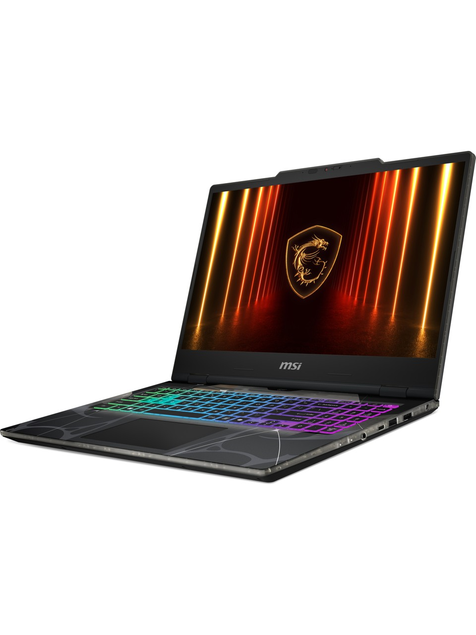RGB klavyeye, yarı saydam kasaya ve ekranda altın rengi ejderha logosuna sahip bir MSI oyuncu dizüstü bilgisayarı.