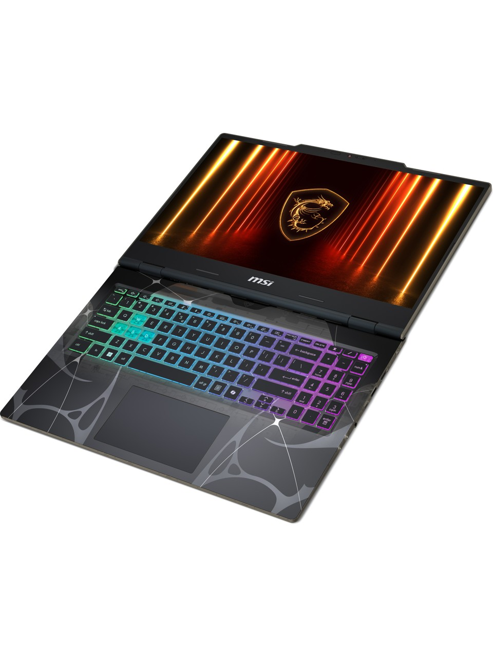 Işıklı RGB klavyeli ve ejderha logolu ekrana sahip açık bir MSI oyuncu dizüstü bilgisayarı.