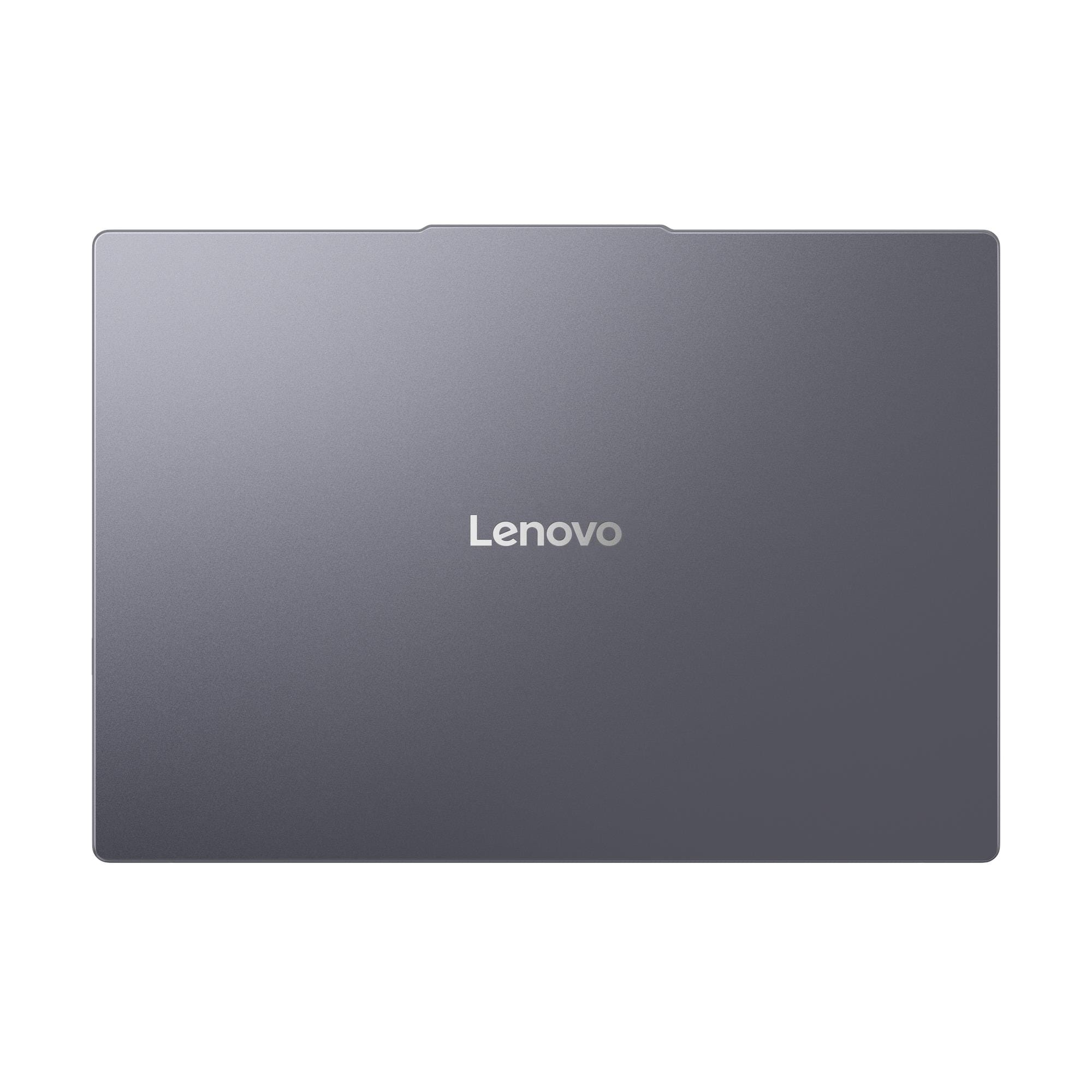 Yukarıdan görülen kapalı gri Lenovo dizüstü bilgisayar kapağı, beyaz arka planda ortalanmış gümüş Lenovo logosu.