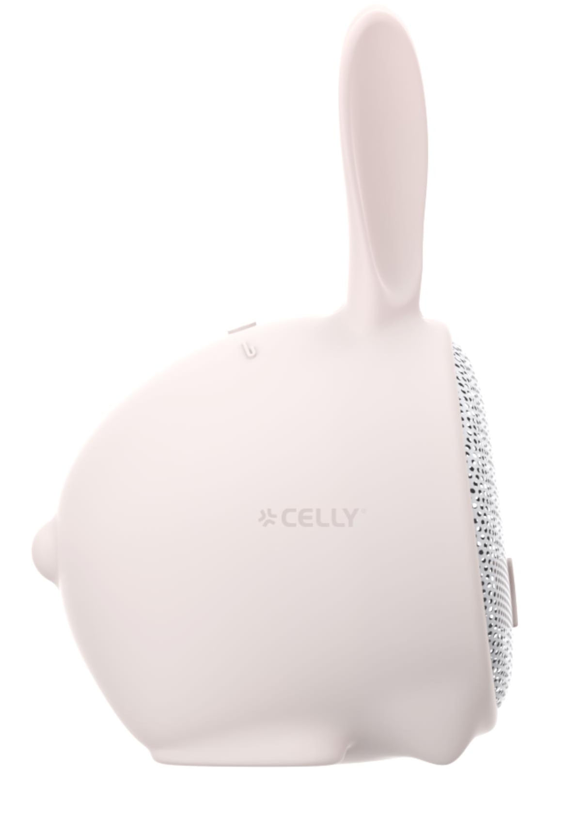Un altoparlante Bluetooth Celly rosa a forma di coniglio visto di lato su sfondo bianco.