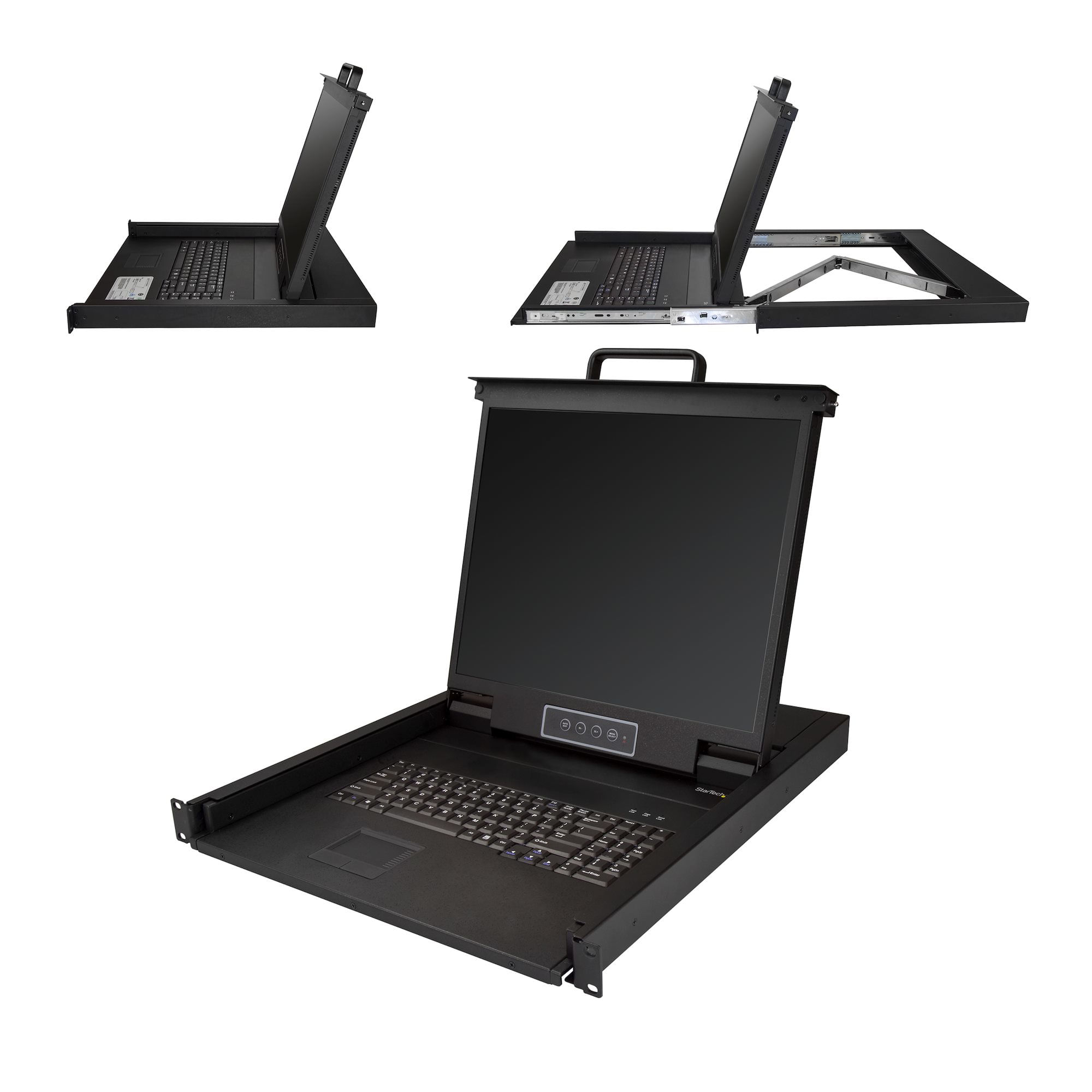 Tre viste di un monitor per console rack nero con tastiera e touchpad integrati.