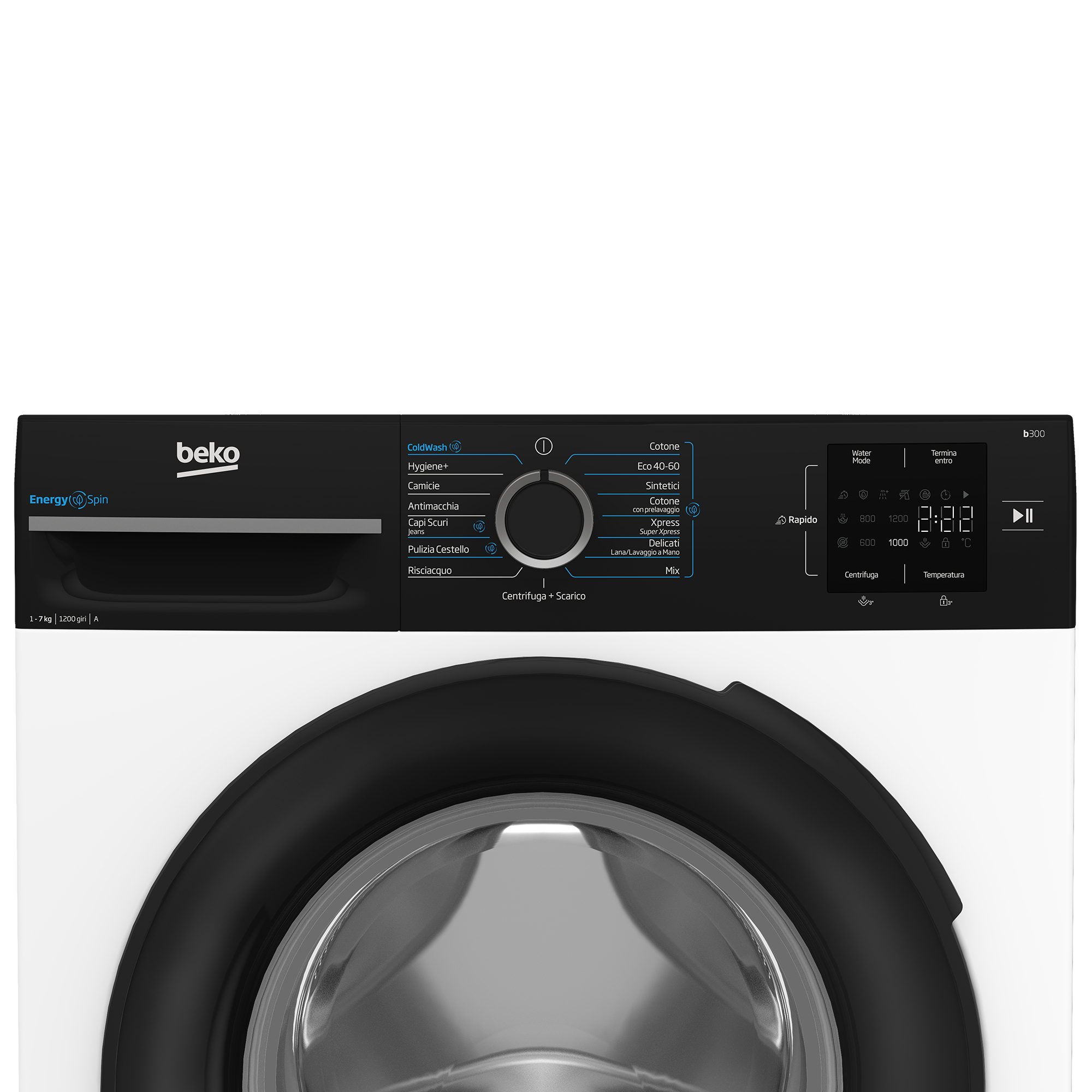Vista frontale di una lavatrice bianca Beko con pannello di controllo nero, manopola e display digitale.