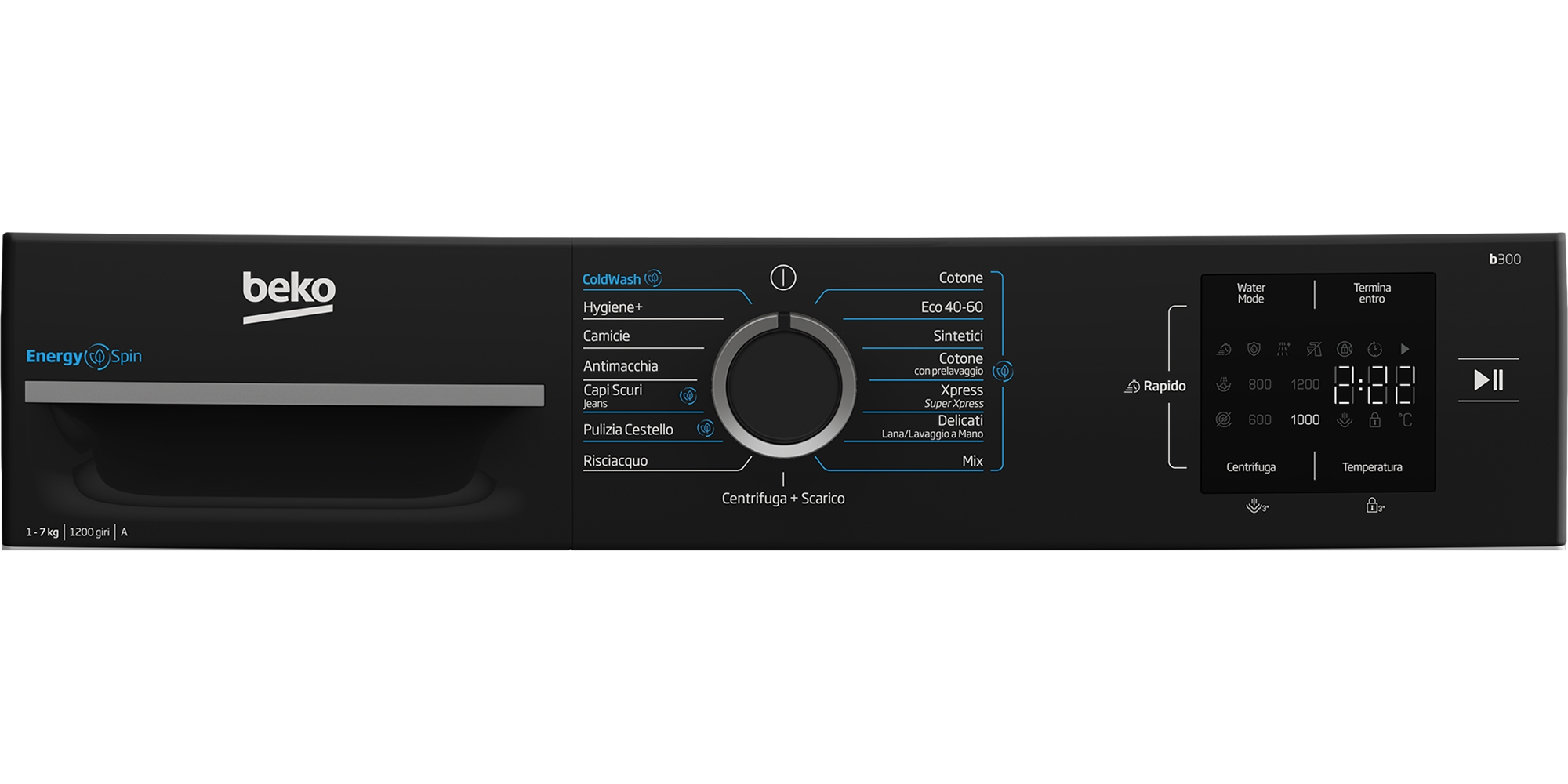 Pannello di controllo lavatrice Beko nero con manopola, programmi e display digitale.