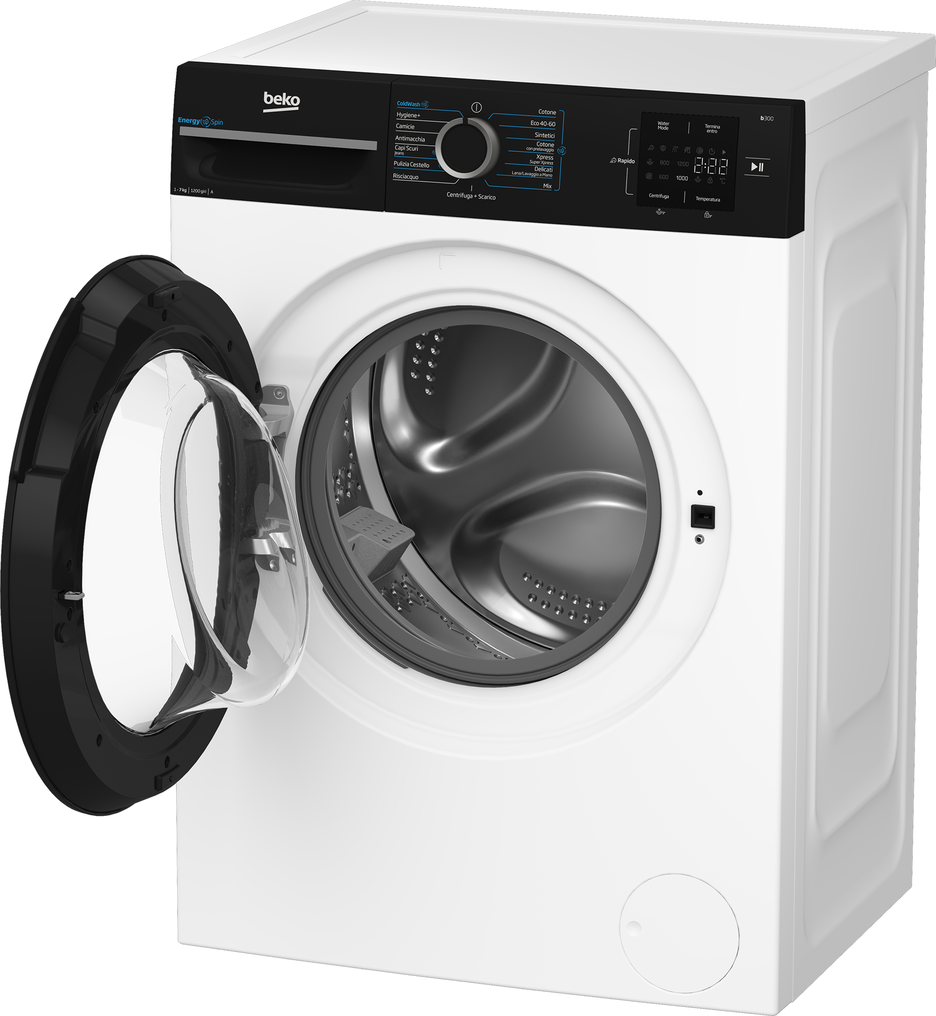 Una lavatrice Beko bianca con porta nera aperta e pannello di controllo nero.
