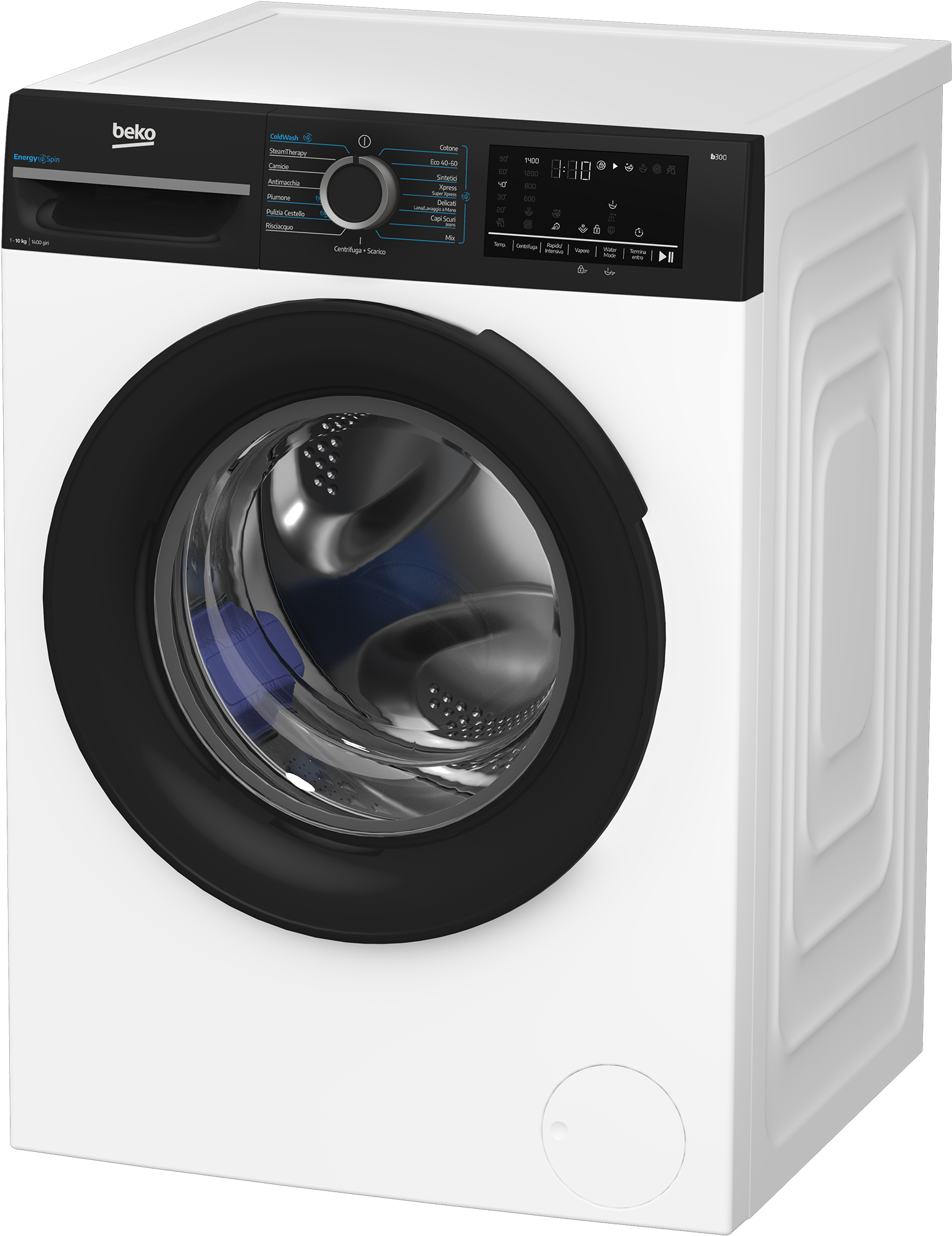 Una lavatrice Beko bianca con pannello di controllo nero, manopola e display digitale.