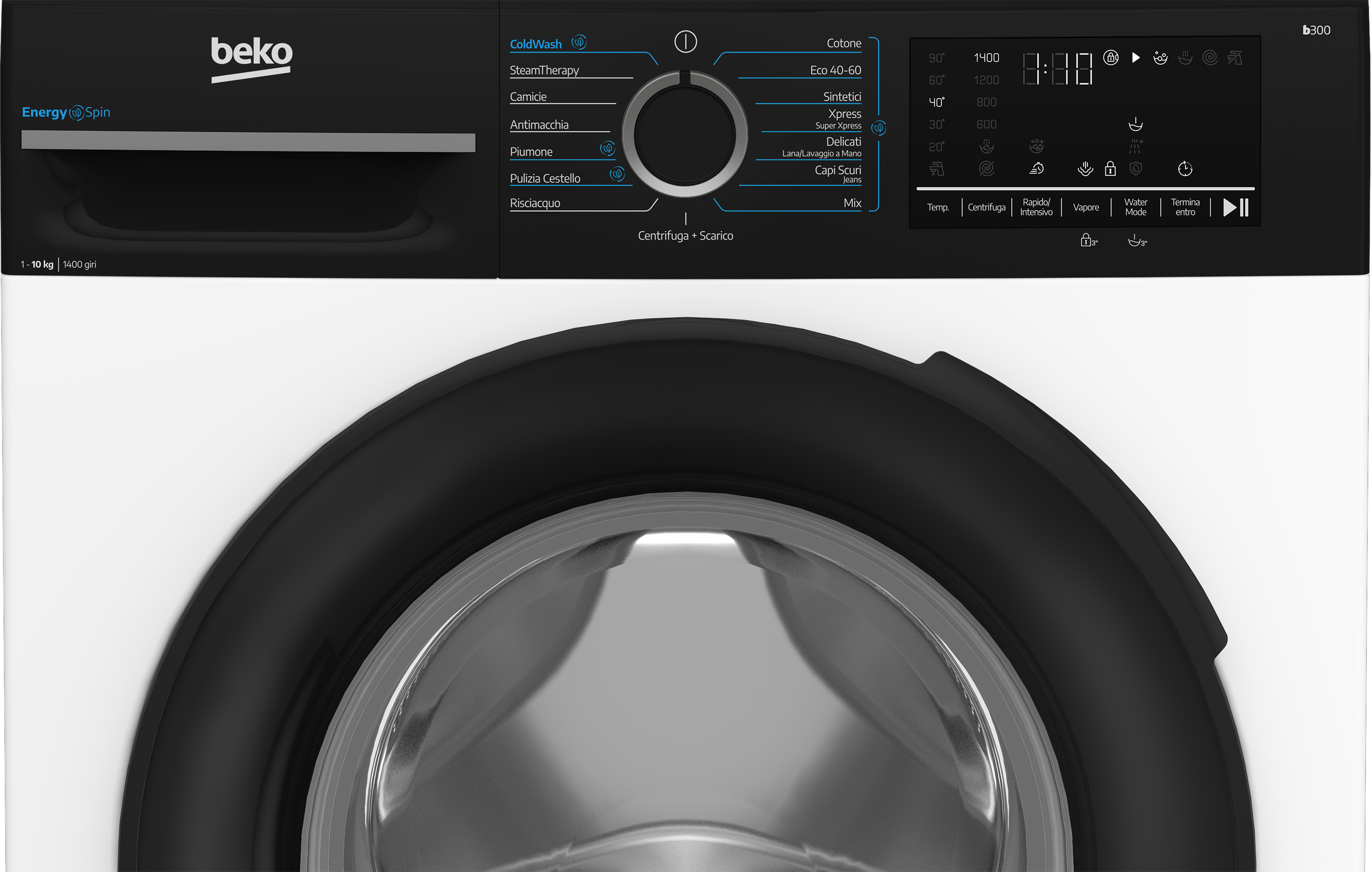 Primo piano del pannello di controllo di una lavatrice Beko con manopola programmi, display digitale e oblò in vetro.