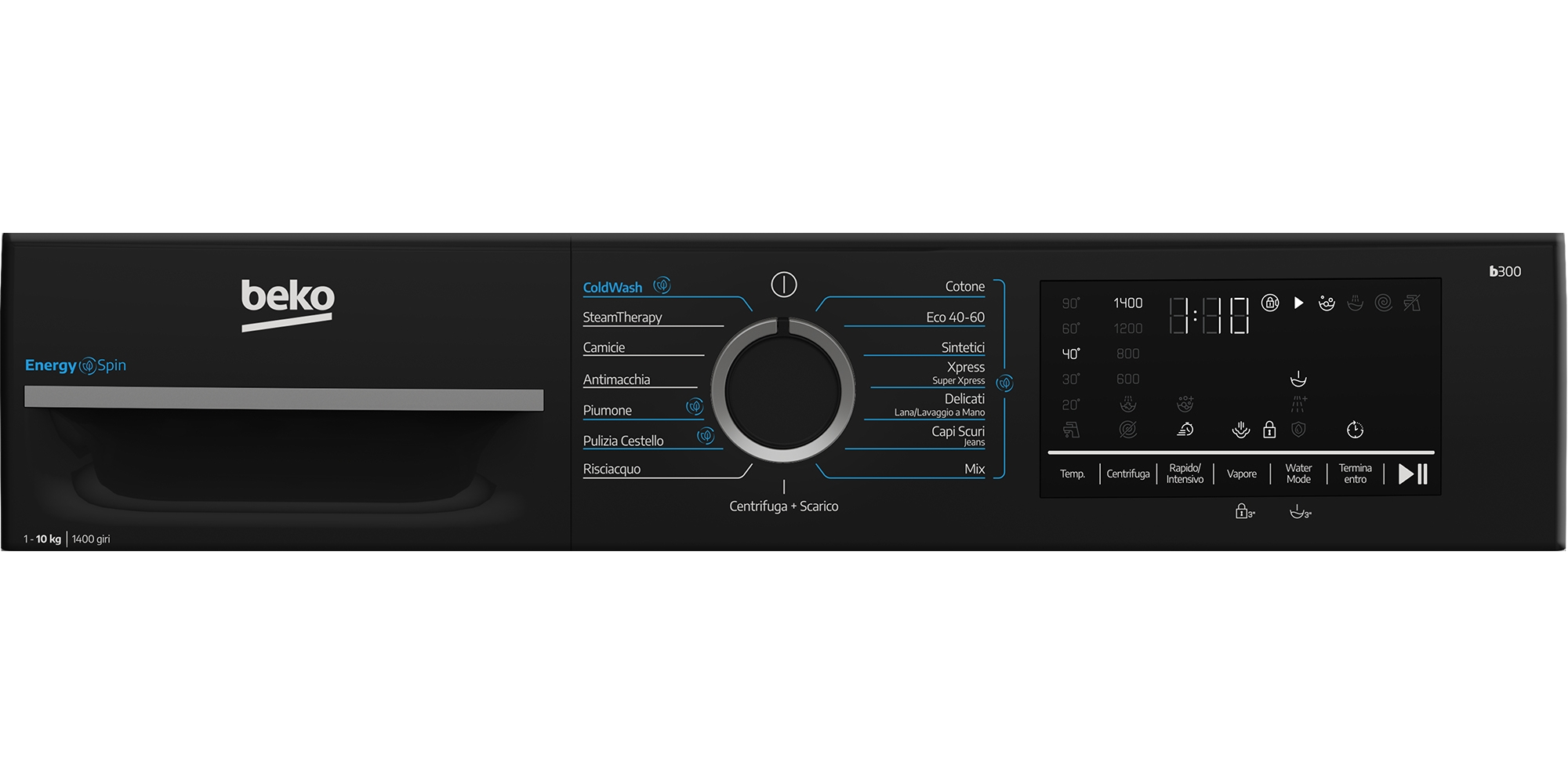 Pannello di controllo per lavatrice Beko nera con selettore programmi centrale e display LED.