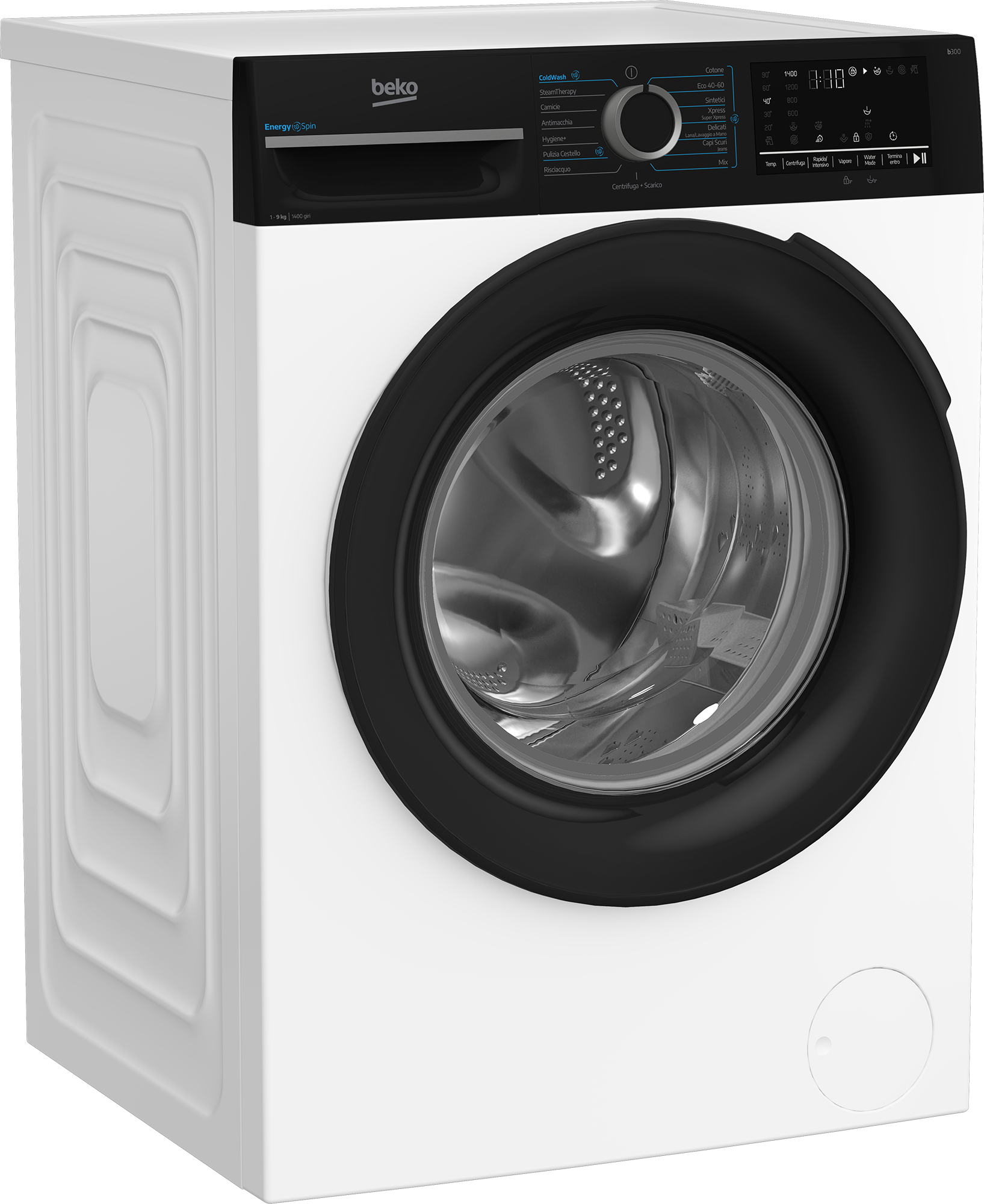 Una lavatrice Beko bianca con pannello di controllo nero e oblò in vetro su sfondo neutro.