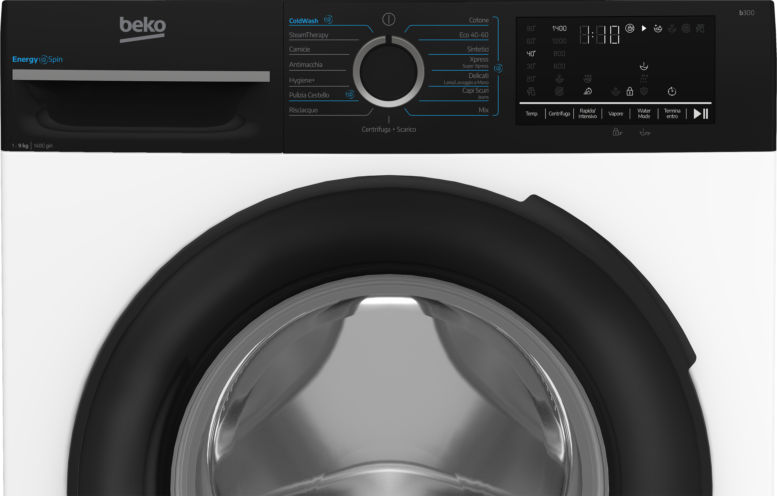 Lavatrice Beko con corpo bianco, pannello di controllo nero, manopola centrale e display digitale.