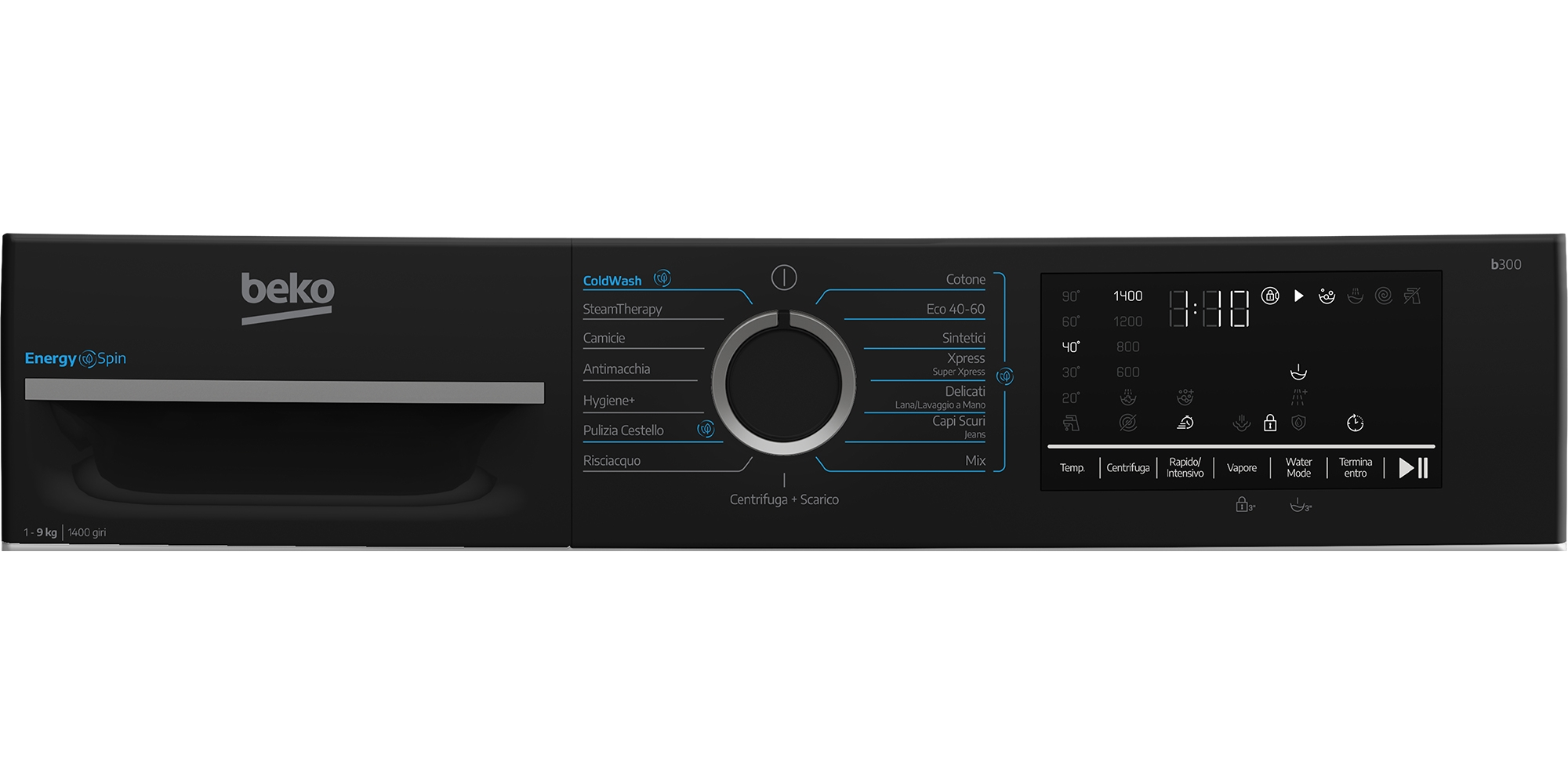 Pannello di controllo lavatrice Beko nera con manopola centrale, elenchi di programmi e display.