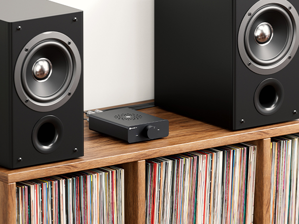 Zwei schwarze Studiomonitore und ein Verstärker stehen auf einem Holzregal gefüllt mit Schallplatten.