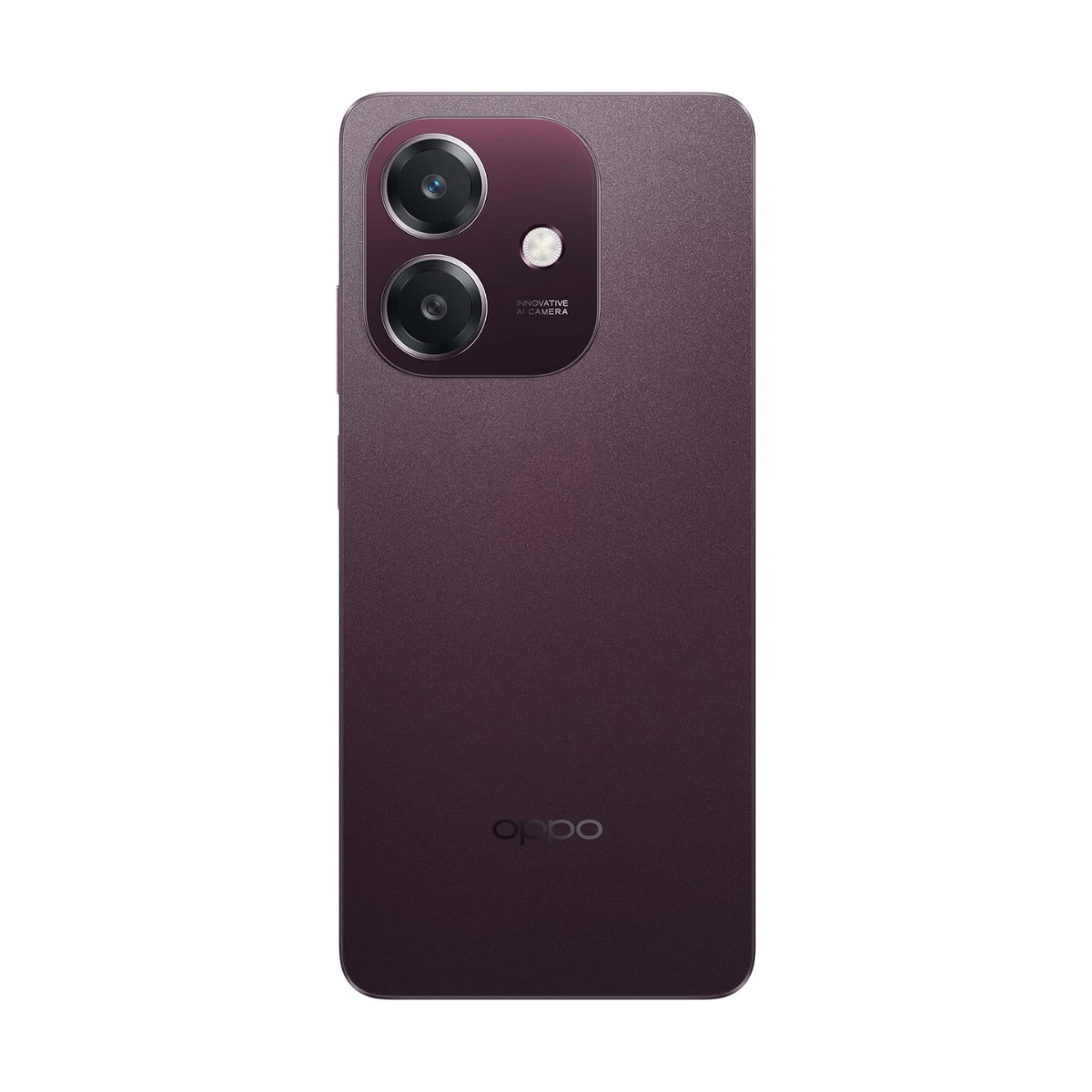 Retro di uno smartphone Oppo viola con due fotocamere verticali in alto a sinistra e il logo in basso.