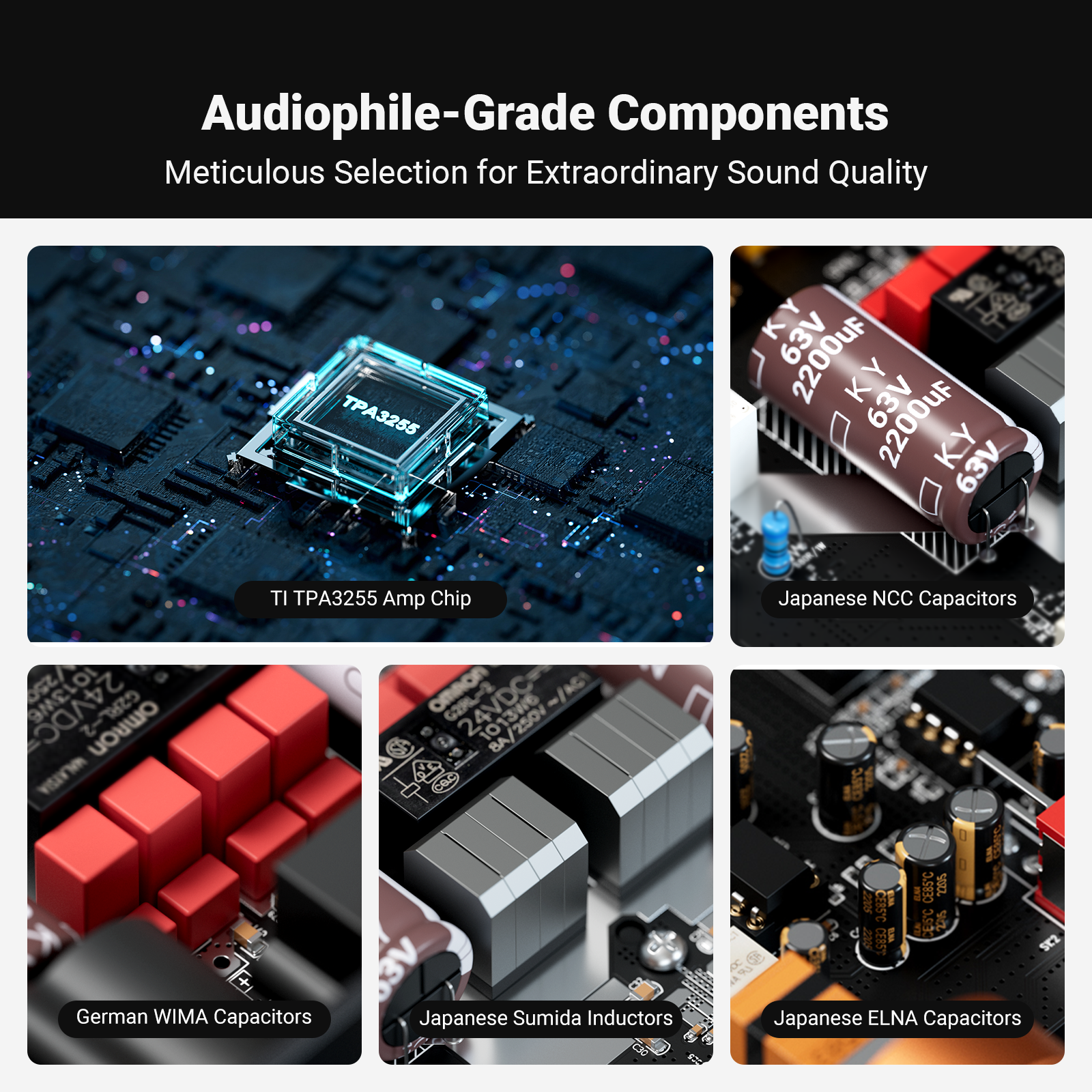 Composants audiophiles dont puce d'ampli, condensateurs NCC, WIMA et inductances Sumida sur un circuit.