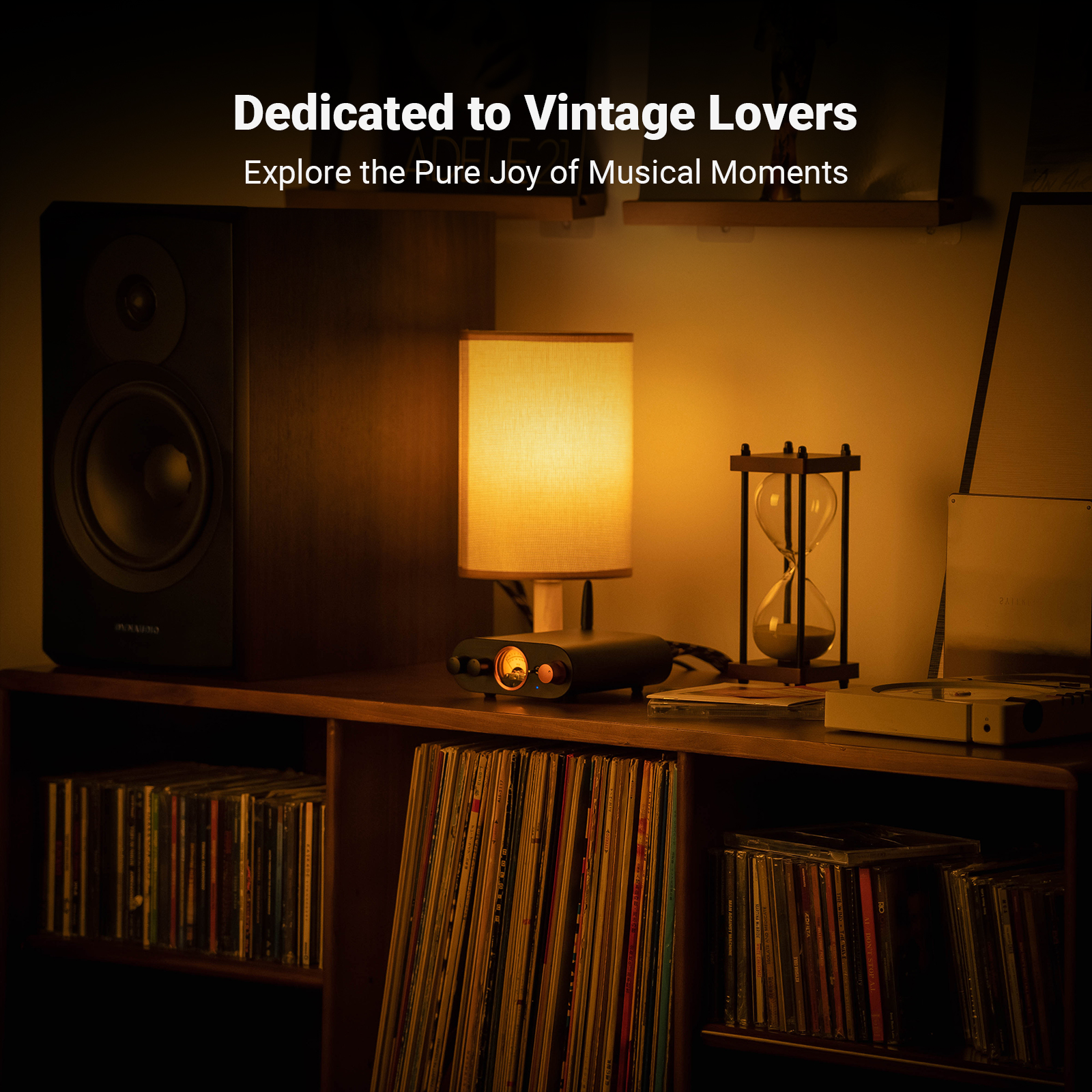Warm indoor setup featuring a speaker, lamp, and vinyl record shelves.