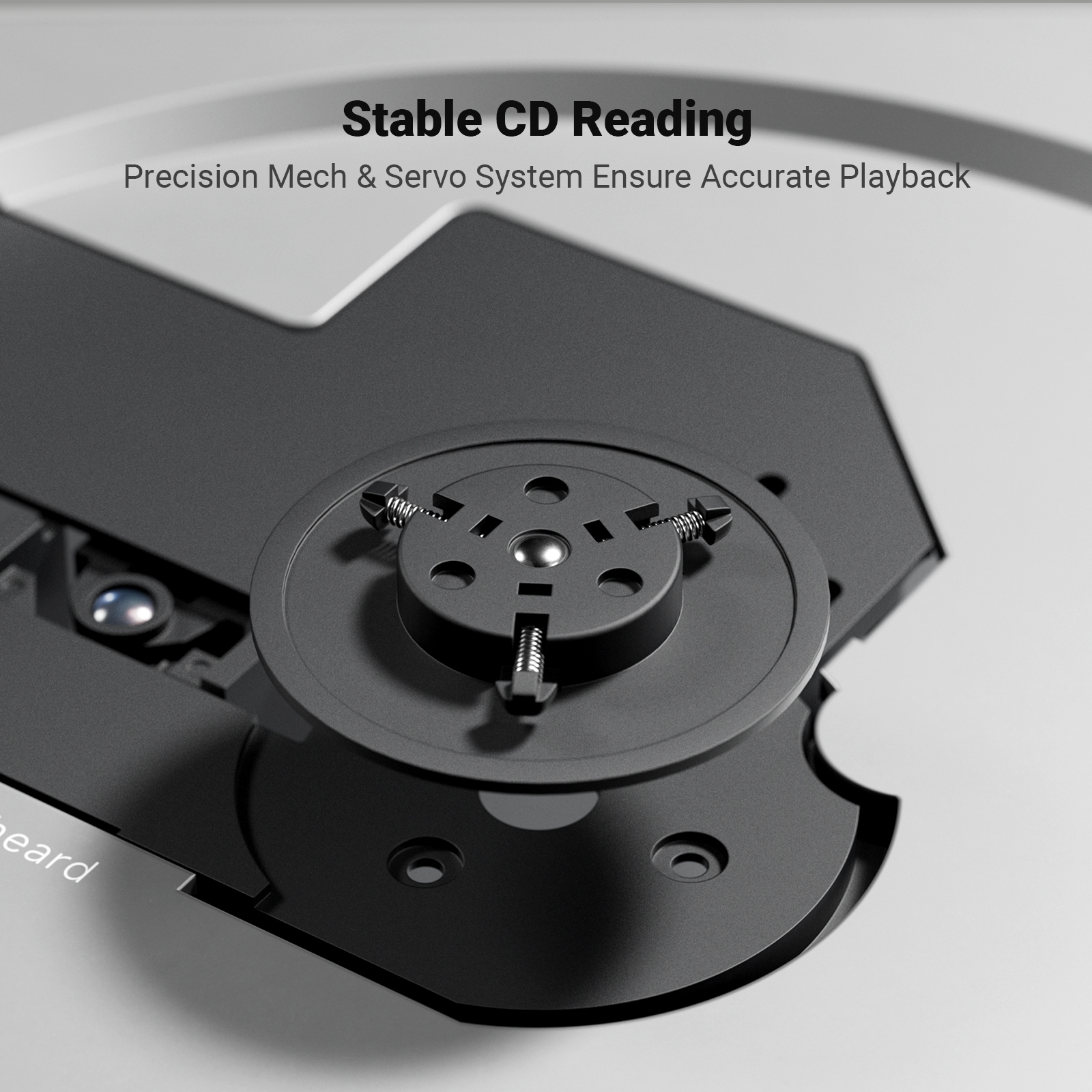 Close-up of a CD player mechanism with springs and black components for stable reading, labeled Stable CD Reading.