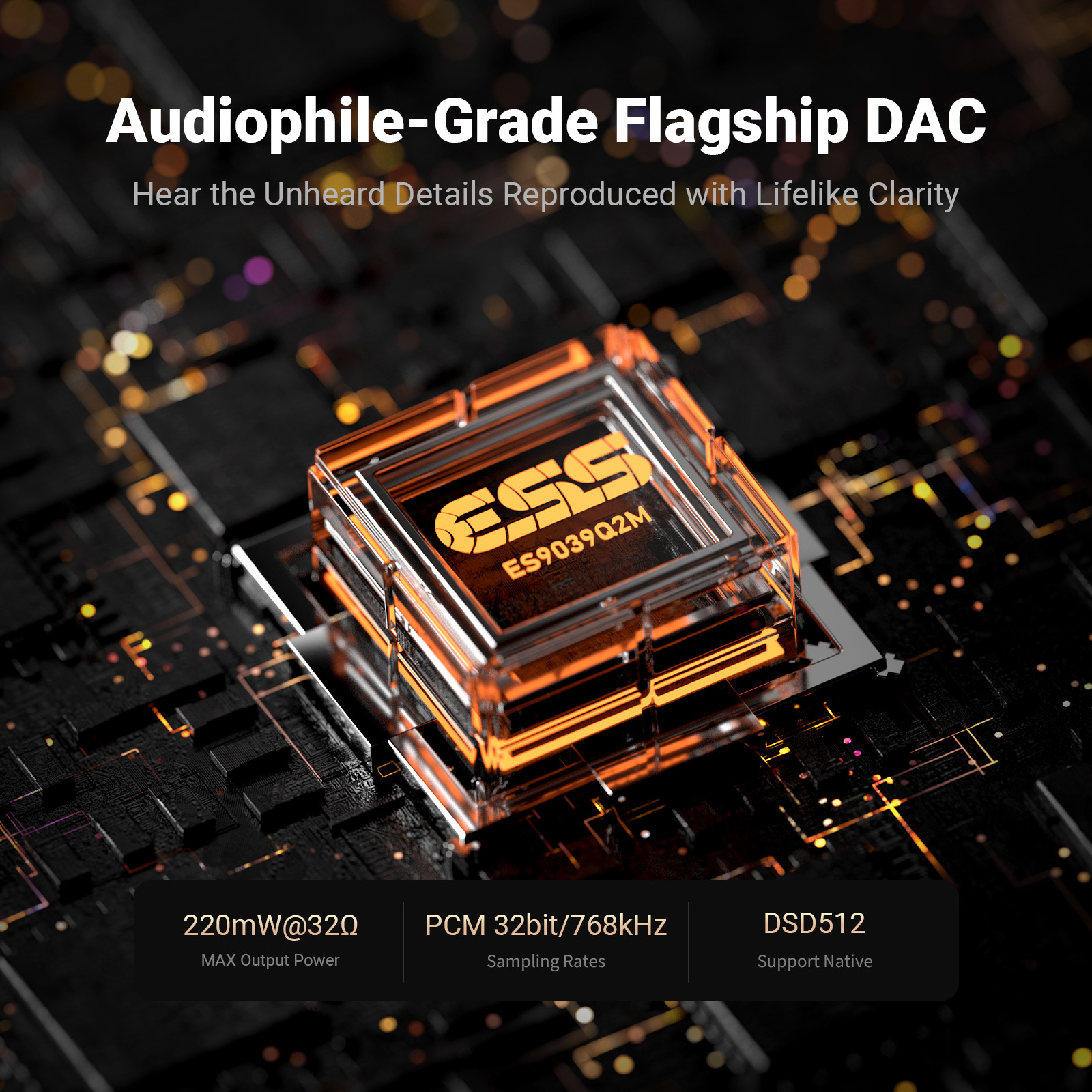Un chip DAC ESS ES9039Q2M en una placa de circuito con texto sobre DAC insignia de grado audiófilo.