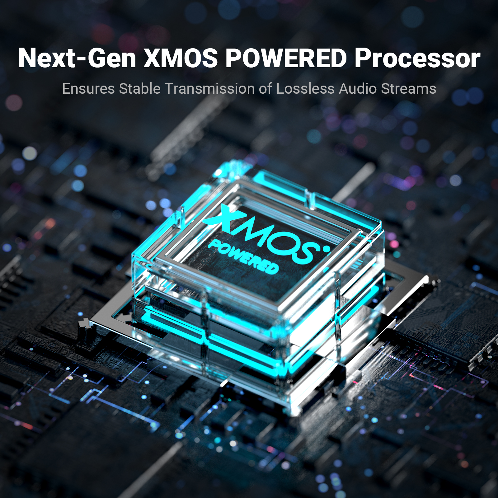 Un chip procesador XMOS brillante sobre un circuito oscuro con texto sobre transmisión de audio.