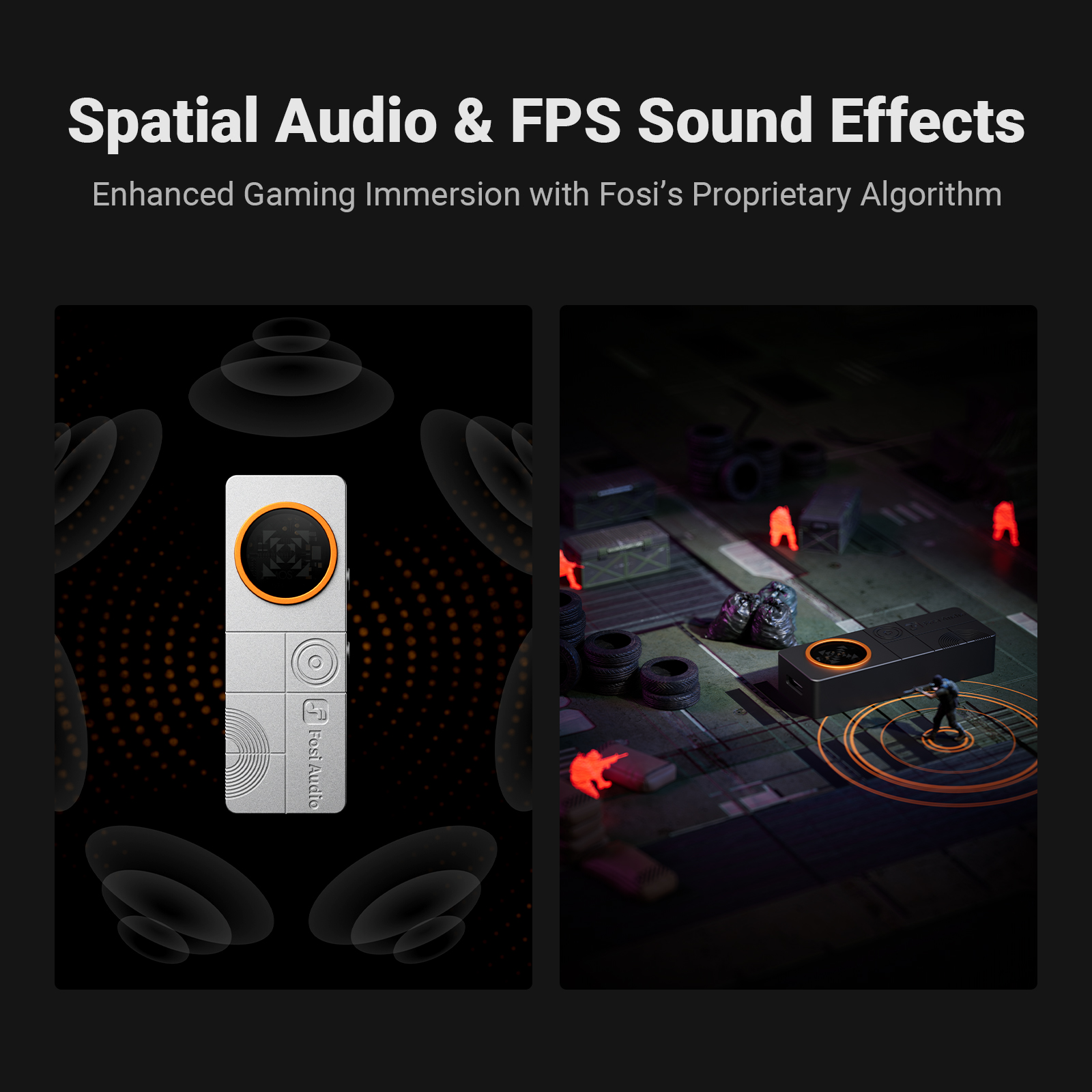 Gráfico de audio espacial y efectos de sonido FPS que muestra un dispositivo Fosi Audio con ondas sonoras y un mapa.