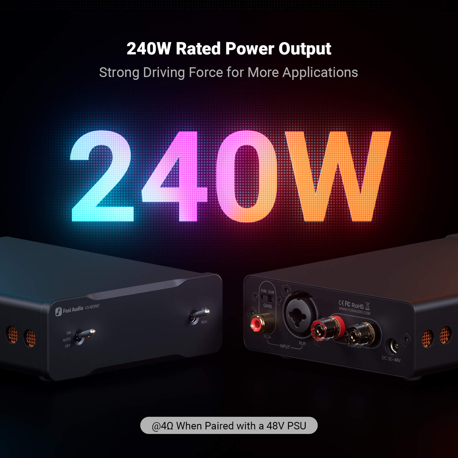 Deux amplificateurs audio noirs avec une puissance de 240W et des effets lumineux.