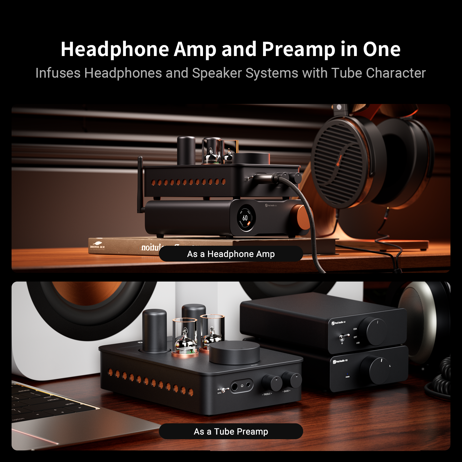 Black tube headphone amp and preamp on a wooden desk.