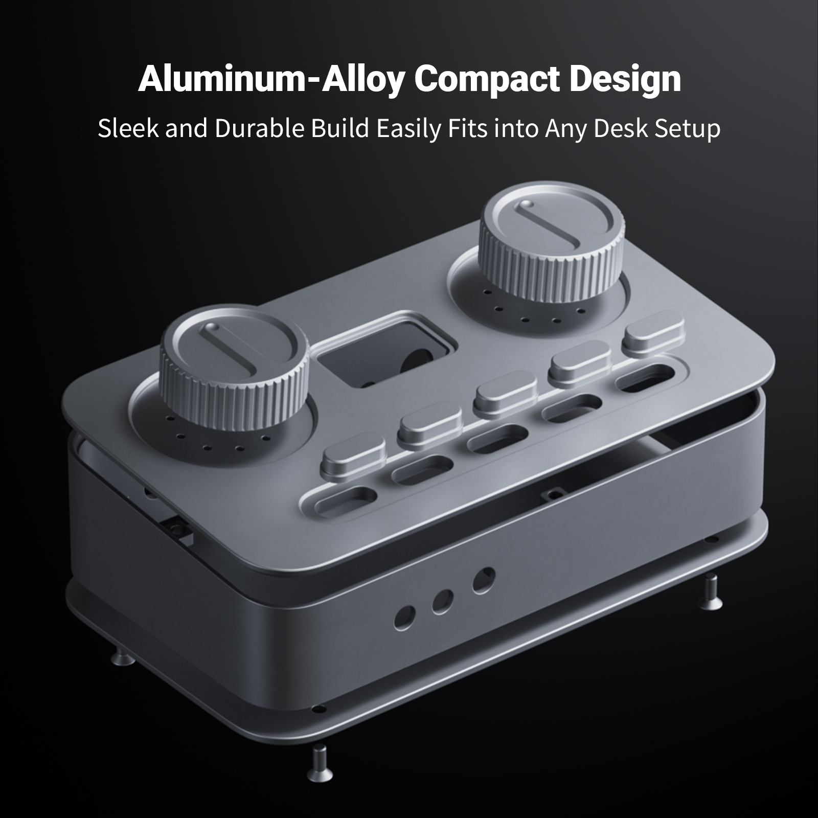 Design compatto in lega di alluminio con due manopole rotanti e vari pulsanti su sfondo scuro.